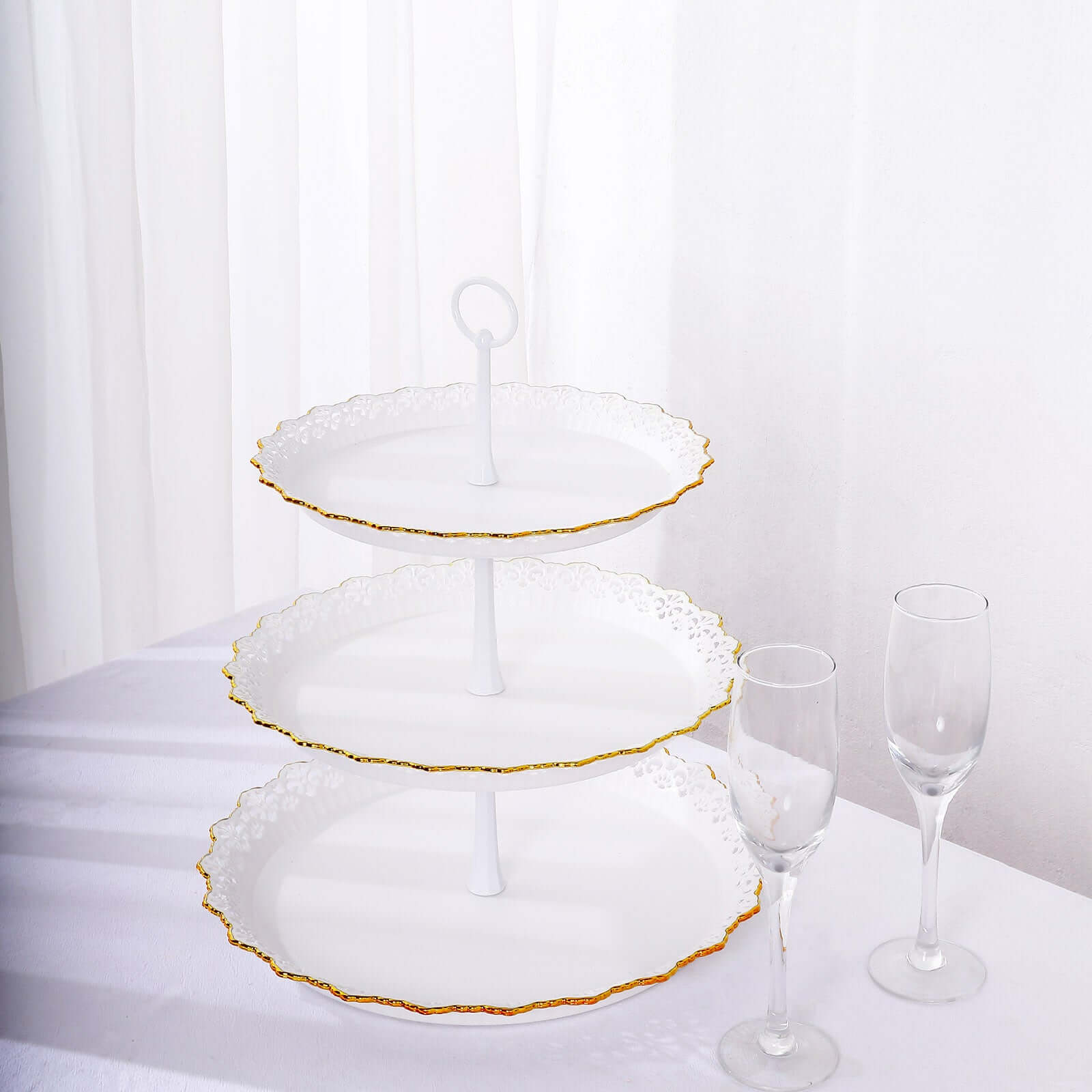 3-Tier Plastic Round Cupcake Stand 15" White with Lace Gold Rim Scalloped Edges