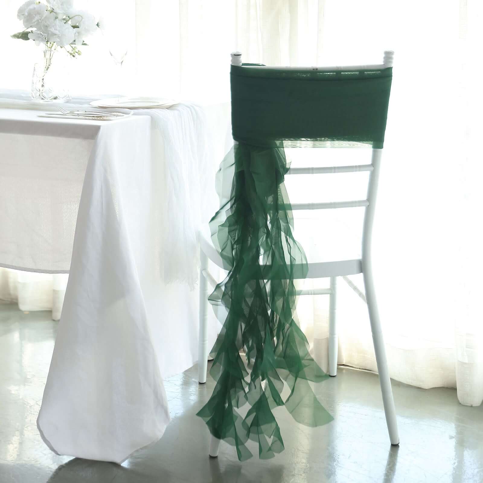 Chiffon Chair Sash with Curly Design Hunter Emerald Green - Stylish Chair Decorations