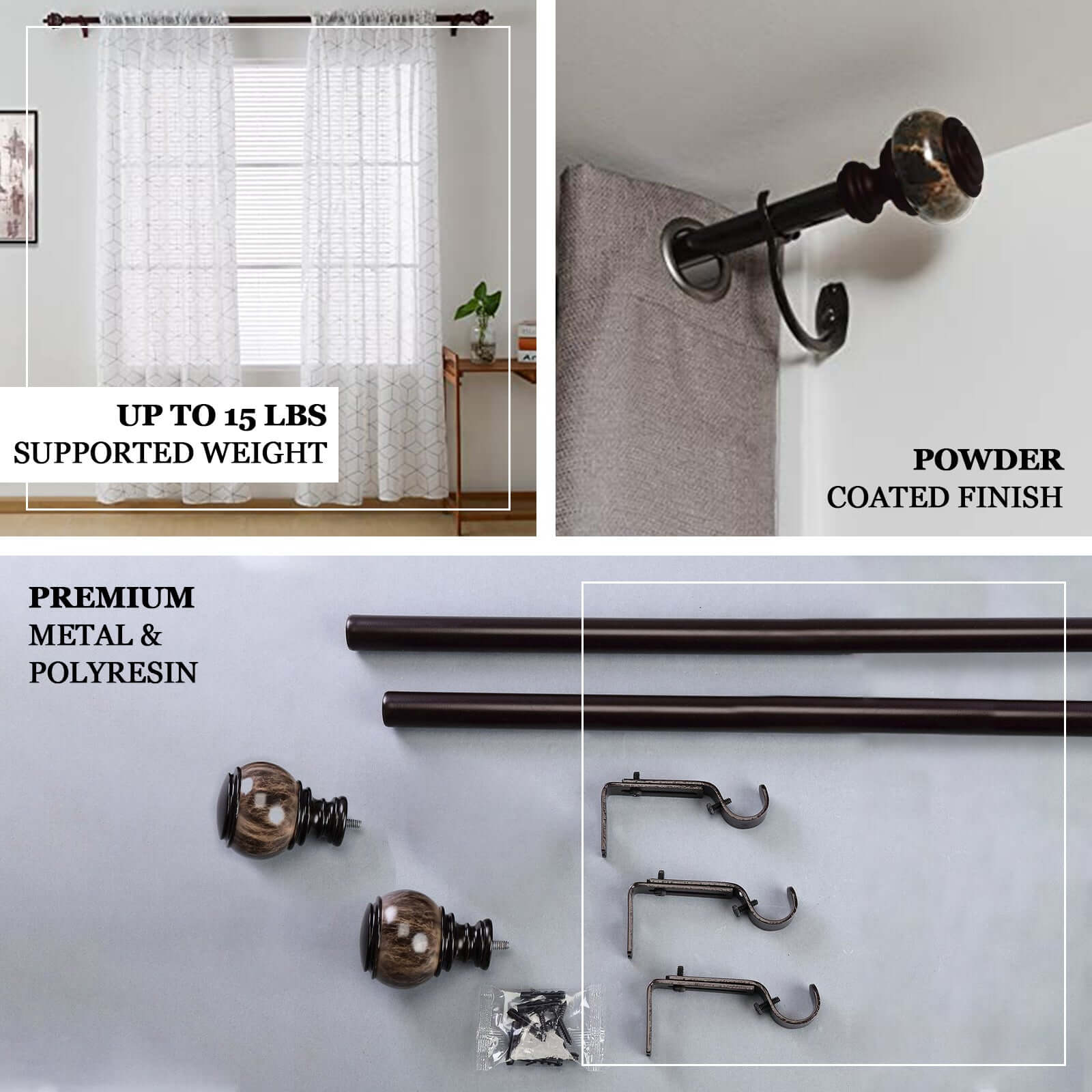 42"-126" Adjustable Curtain Rod Set, Chocolate Brown, Marble Finials