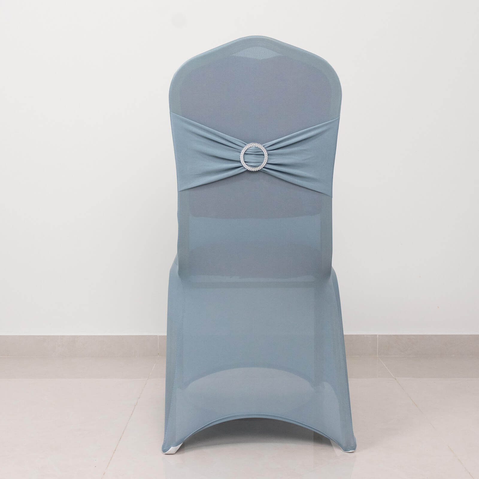 Spandex Chair Cover with Silver Rhinestone Buckled Sash Band Dusty Blue - Stretch Fitted Slipcover