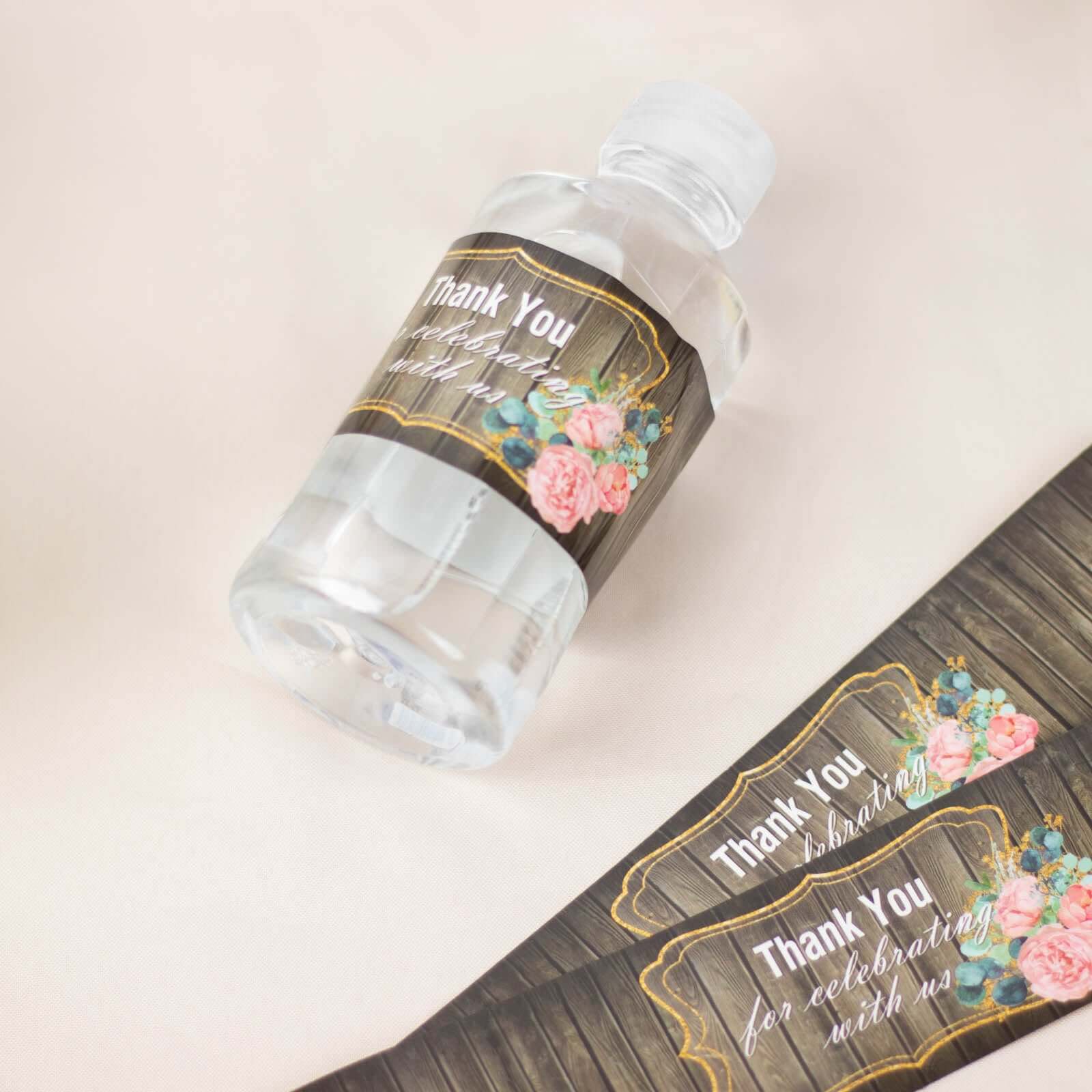 24 Pack Rustic Water Bottle Labels Wood Print with Gold Floral Frame "Thank You" Waterproof Bottle Stickers