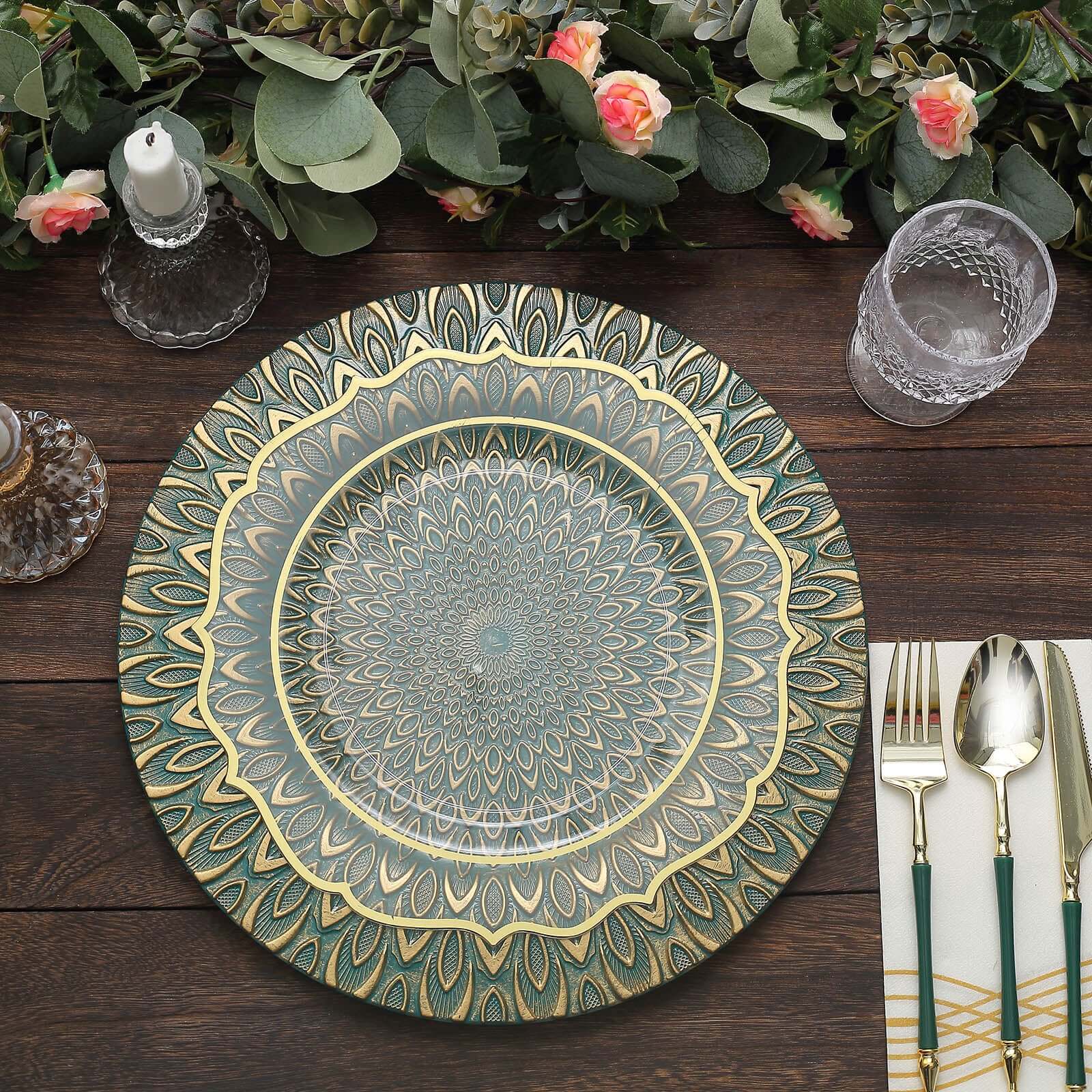 6-Pack Plastic Round Charger Plates 13" in Teal with Gold Embossed Peacock Pattern, Stylish Disposable Charger Tableware