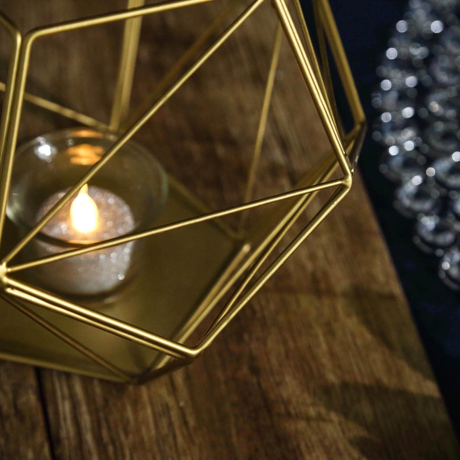 Tealight Candle Holder Gold Metal Pentagon Prism Geometric Open Frame - Flower Stand 7"