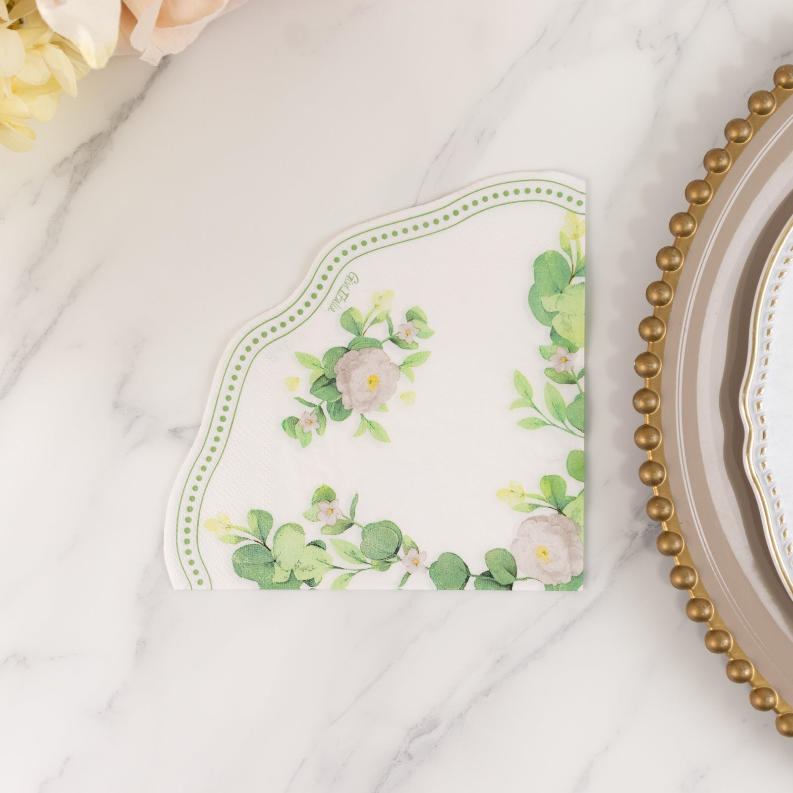 25-Pack Round Paper Cocktail Napkins with Floral Greenery and Scalloped Edge White - Disposable 2 Ply Beverage Napkins 6.25"x6.25"