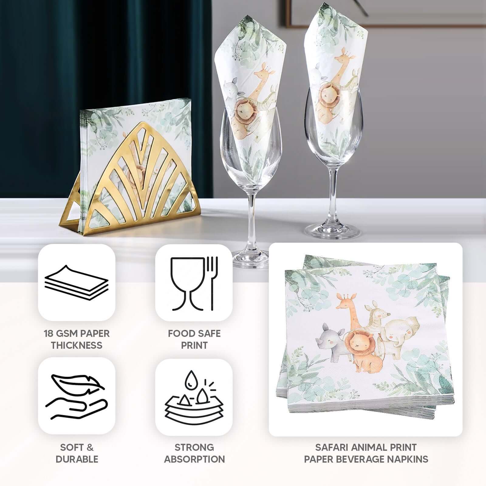 20-Pack Paper Beverage Napkins with Safari Animal Print - Jungle Theme 2 Ply Disposable Party Napkins 6.5"x6.5" 18GSM