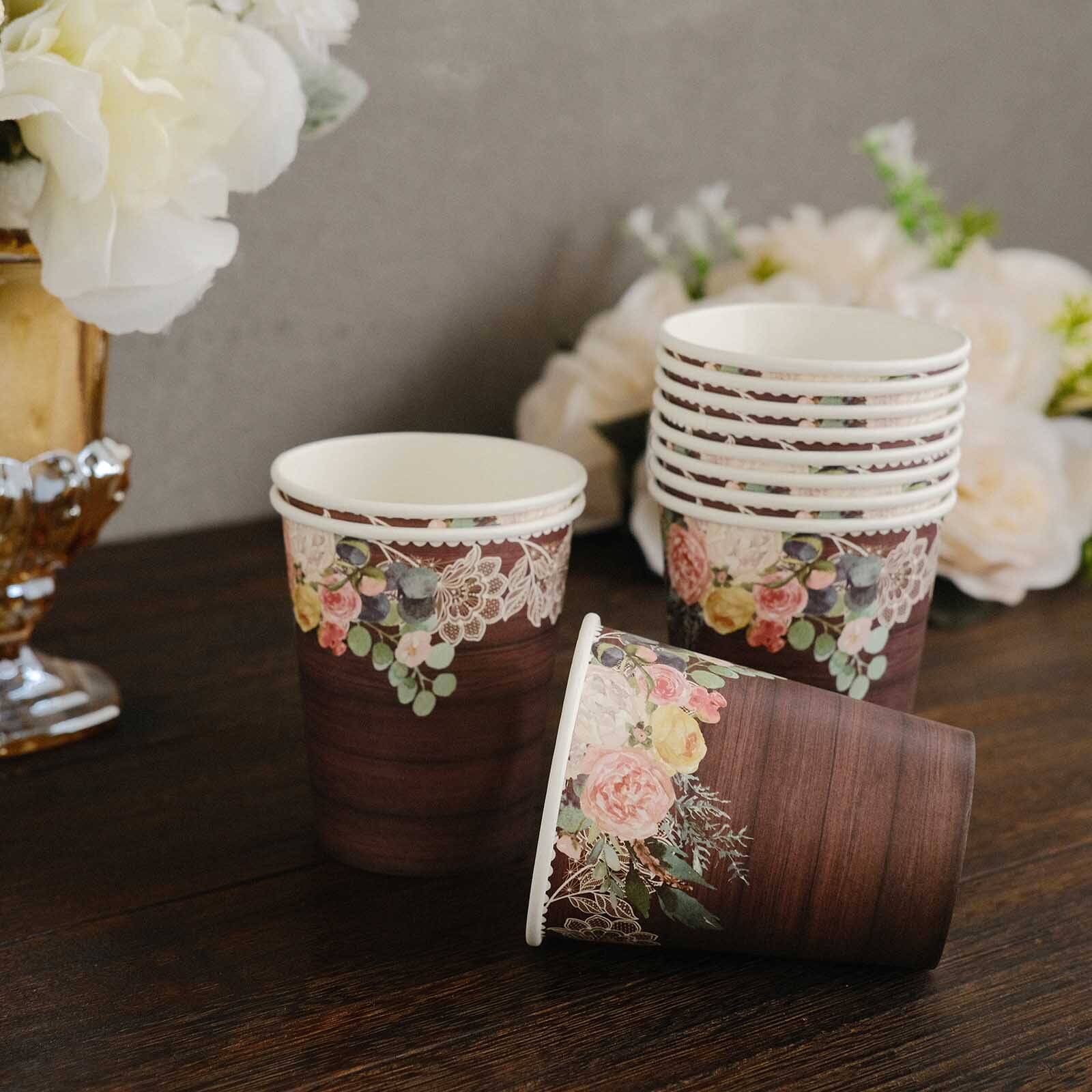 24-Pack Paper Cups 9oz Brown Wood Print with Floral Lace Rim - Chic Disposable Party Cups for Rustic Decor & Themed Parties