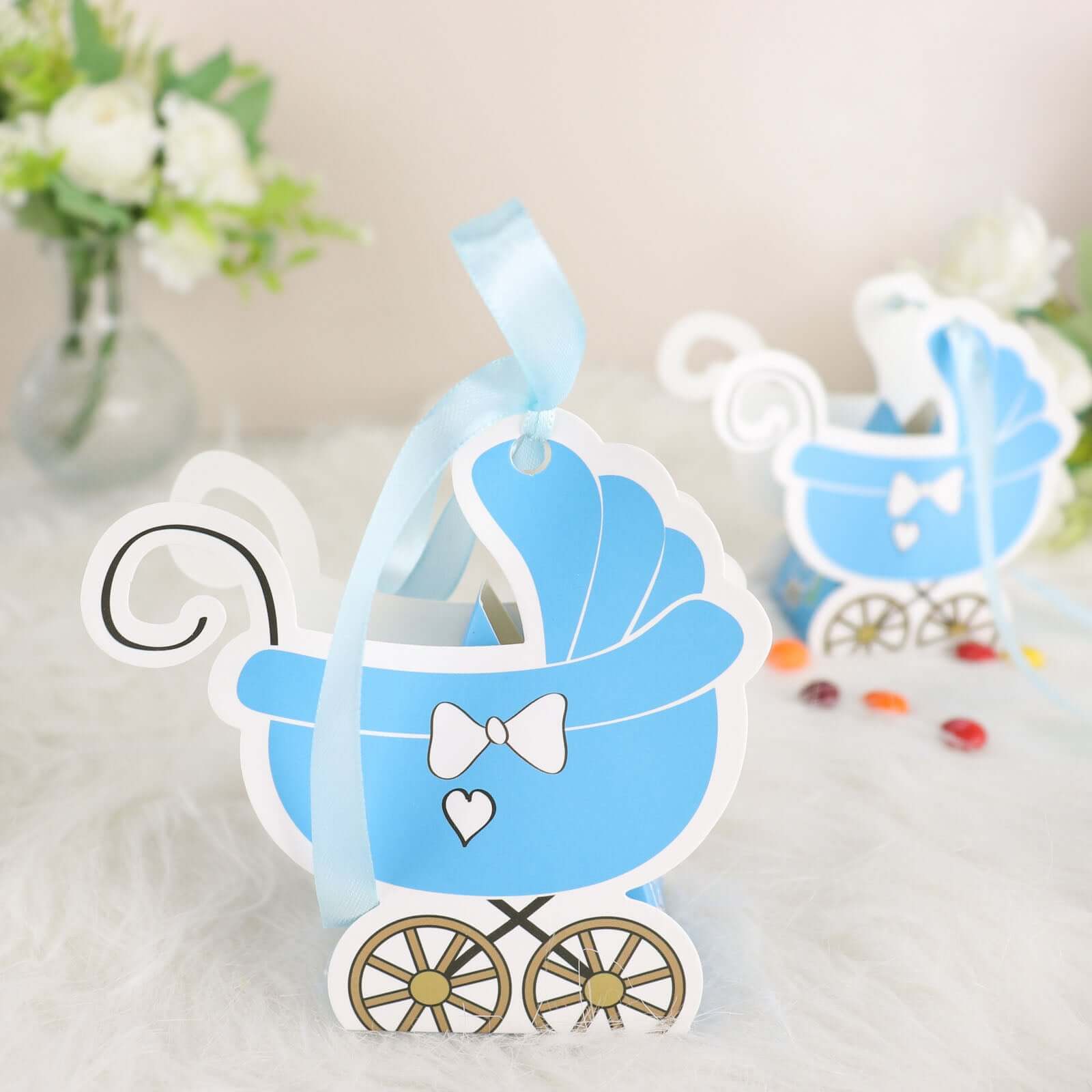 25 Pack Light Blue Baby Paper Stroller Party Favor Gift Boxes, Cardstock Carriage Candy Boxes with Ribbon Ties - 4.5"x2"x4"