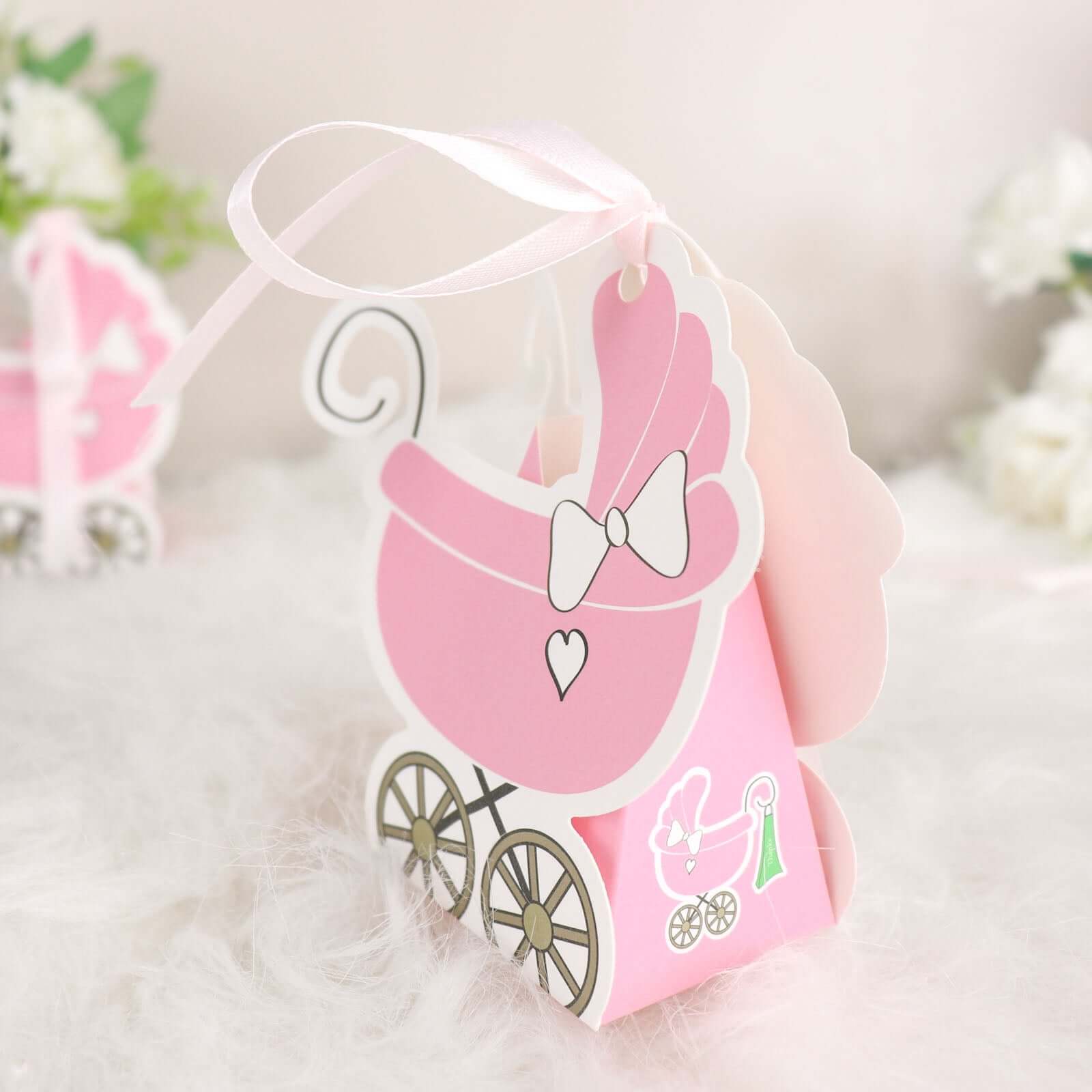 25 Pack Pink Baby Paper Stroller Party Favor Gift Boxes, Cardstock Carriage Candy Boxes with Ribbon Ties - 4.5"x2"x4"