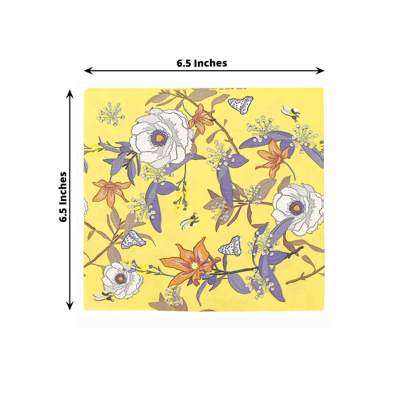 20-Pack Paper Beverage Napkins with Blooming Flowers Design Yellow - 2 Ply Soft 18GSM Floral Wedding Napkins 6.5"x6.5"