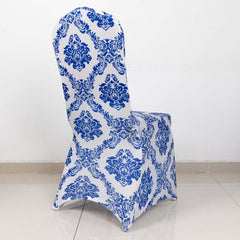 Spandex Banquet Chair Cover Fitted Cover in Royal Blue - Stretch 160gsm Fabric with Foot Pockets & Damask Pattern