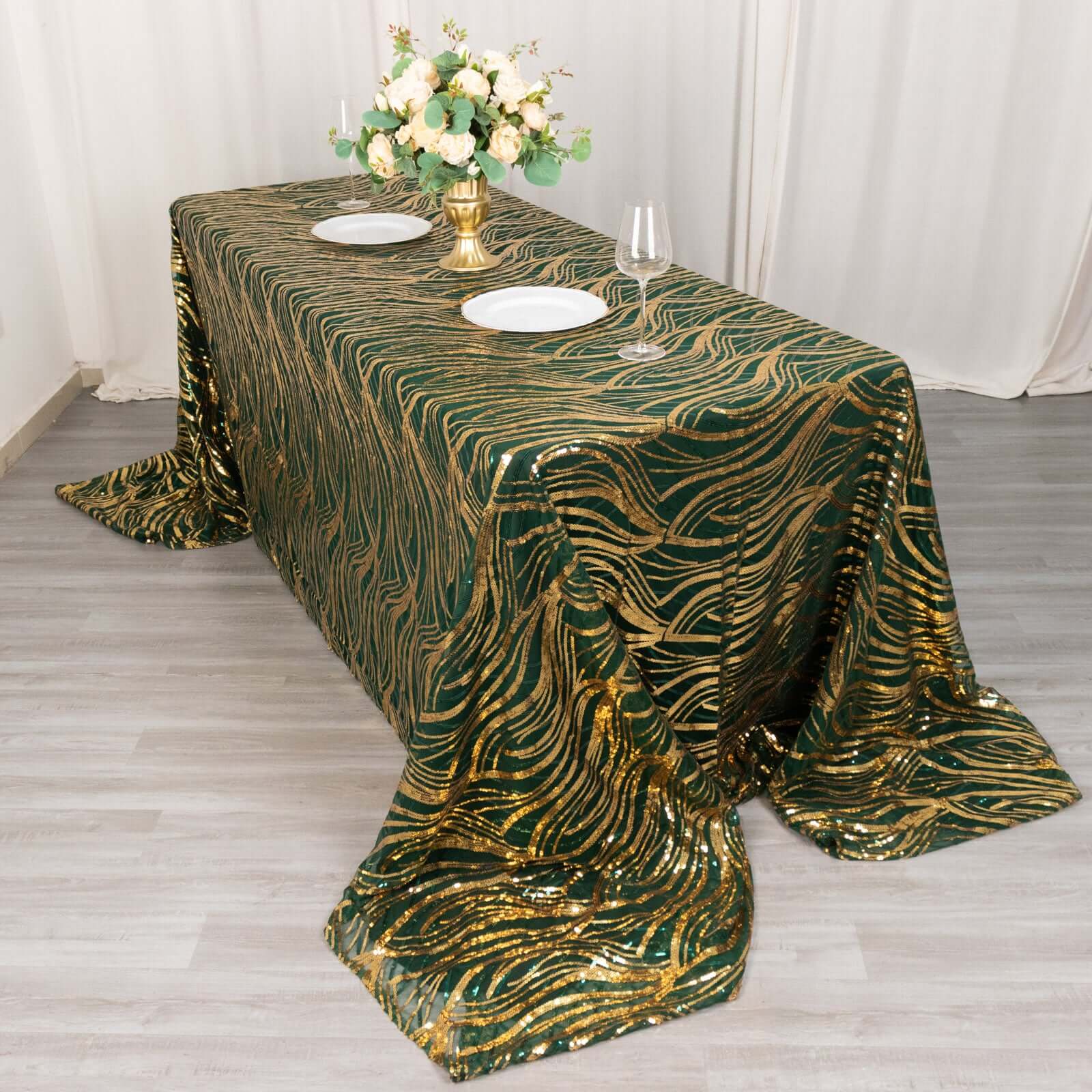 Mesh 90"x156" Rectangle Tablecloth Hunter Emerald Green/Gold - Wave Sequin Embroidered Table Cover