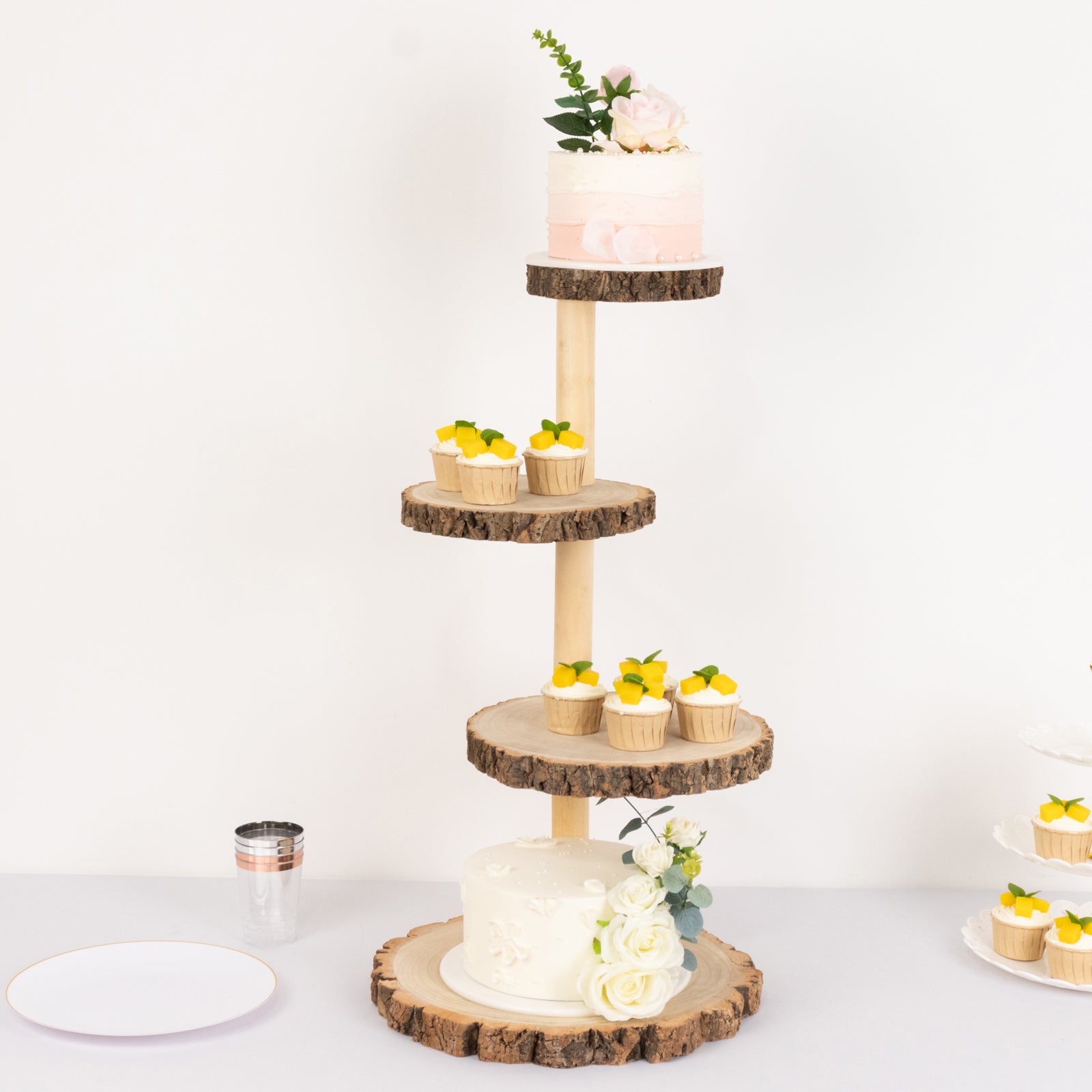 4-Tier Wooden Cupcake Tower Stand Rustic Natural Wood Slice Design - Farmhouse Style Dessert Display 29"
