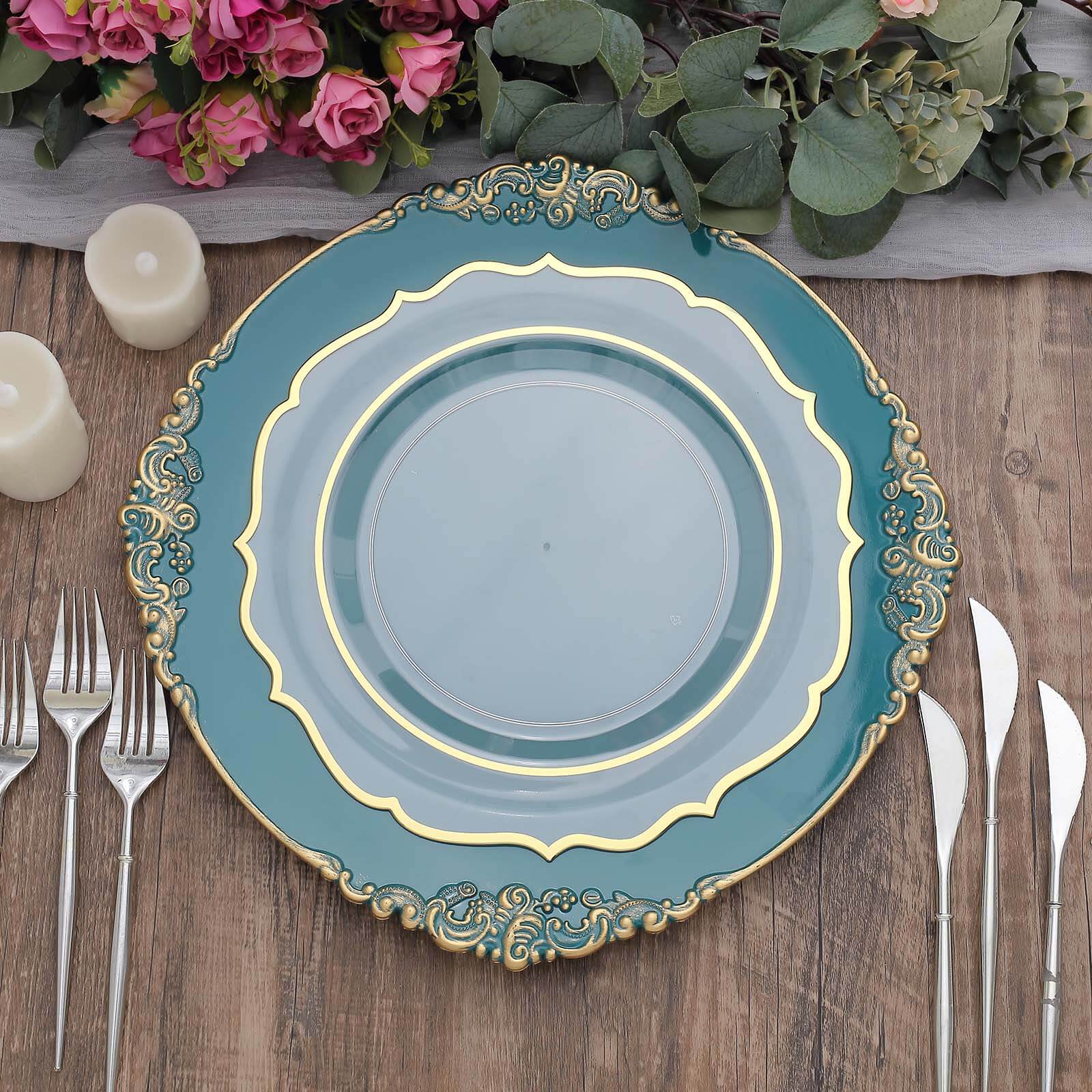 6-Pack Acrylic Round Charger Plates 13" in Peacock Teal with Gold Embossed Baroque Rim, Antique Decorative Dinner Party Charger Tableware