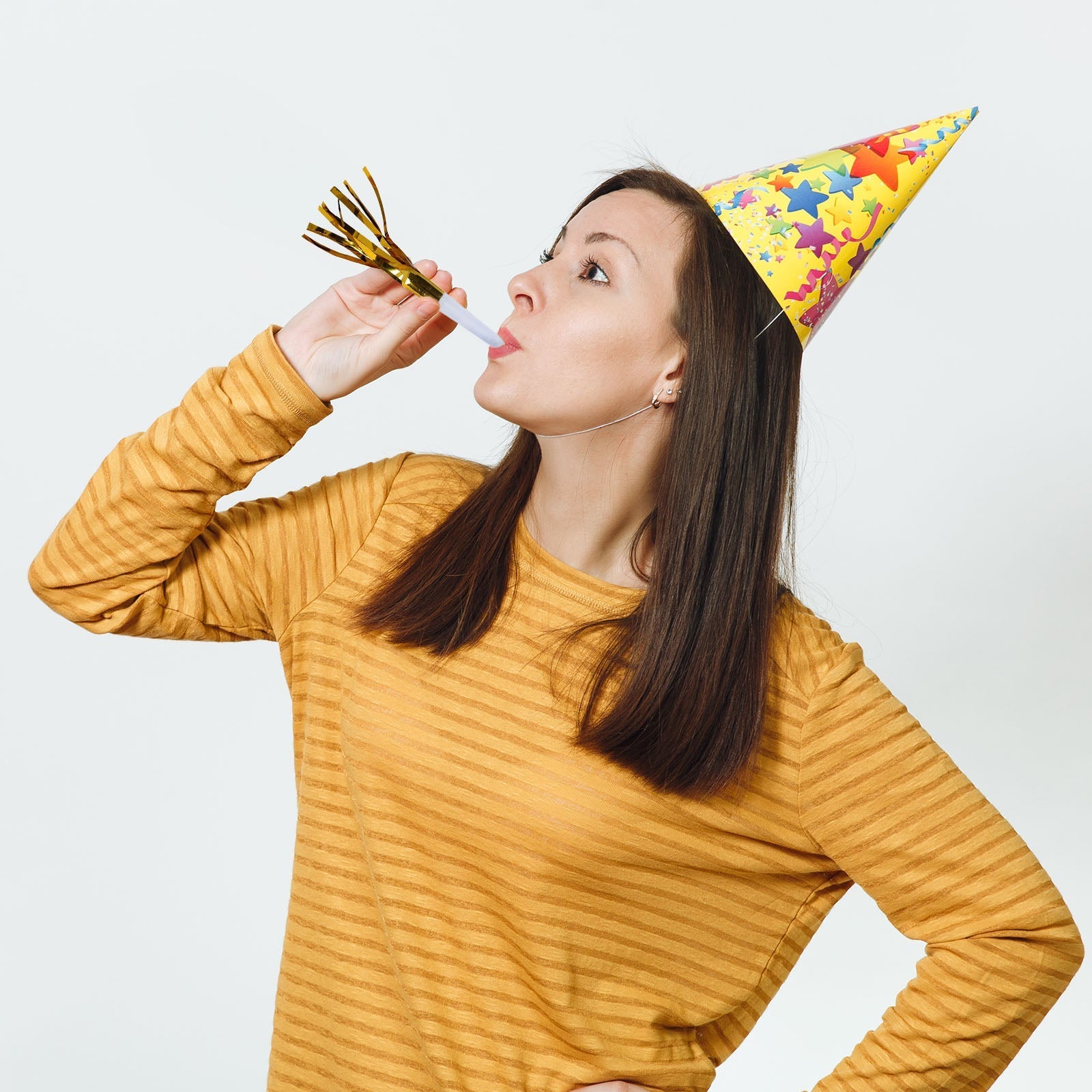 24 Pack Party Horn Noisemakers with Tassels - 7" Gold Metallic Fringed Blowouts for Events and Gatherings - Plastic & Foil Design