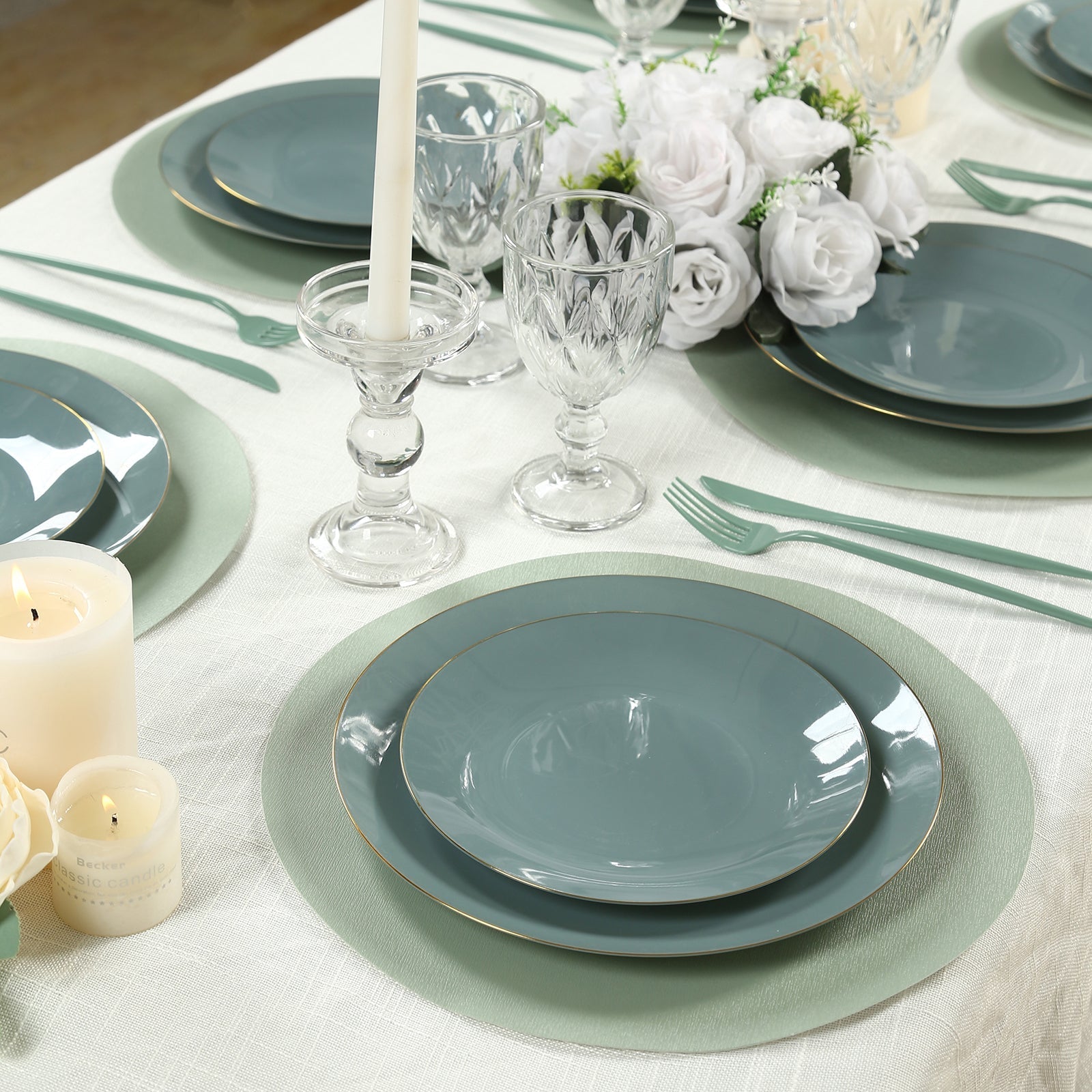 50 Pack 13" Round Disposable Paper Placemats – Sage Green Cardboard Dining Table Mats, 120 GSM