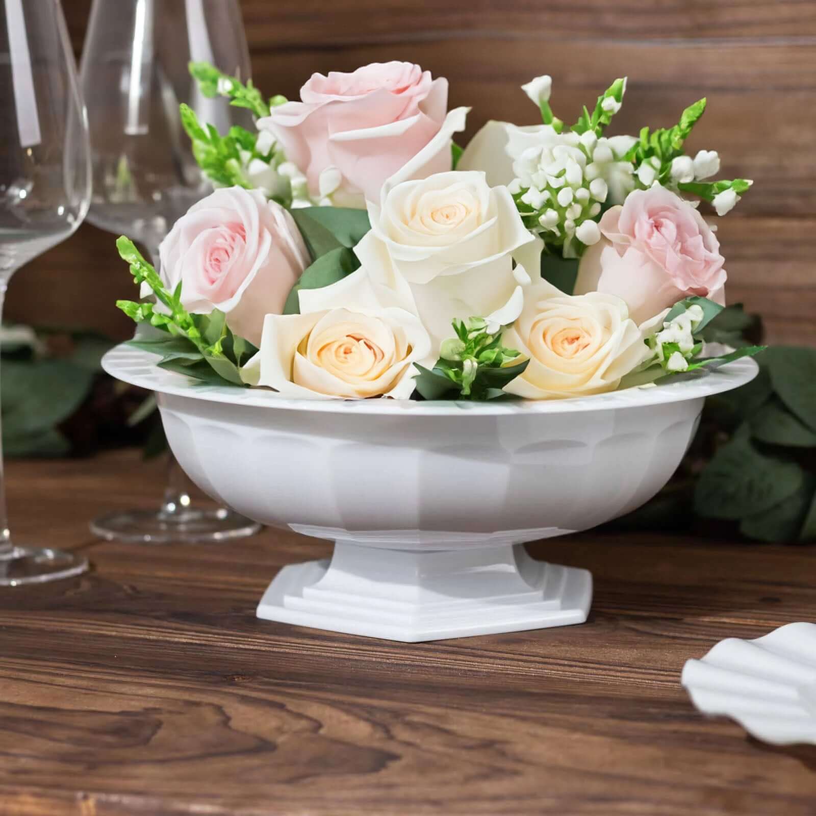 3-Pack Plastic Footed Compote Bowl Flower Vases Roman Style White - Round Decorative Pedestal Table Centerpieces 10"