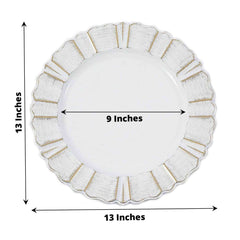 6-Pack Acrylic Plastic Round Charger Plates 13" in White with Gold Brushed Wavy Scalloped Rim, Decorative Dinner Party Charger Tableware