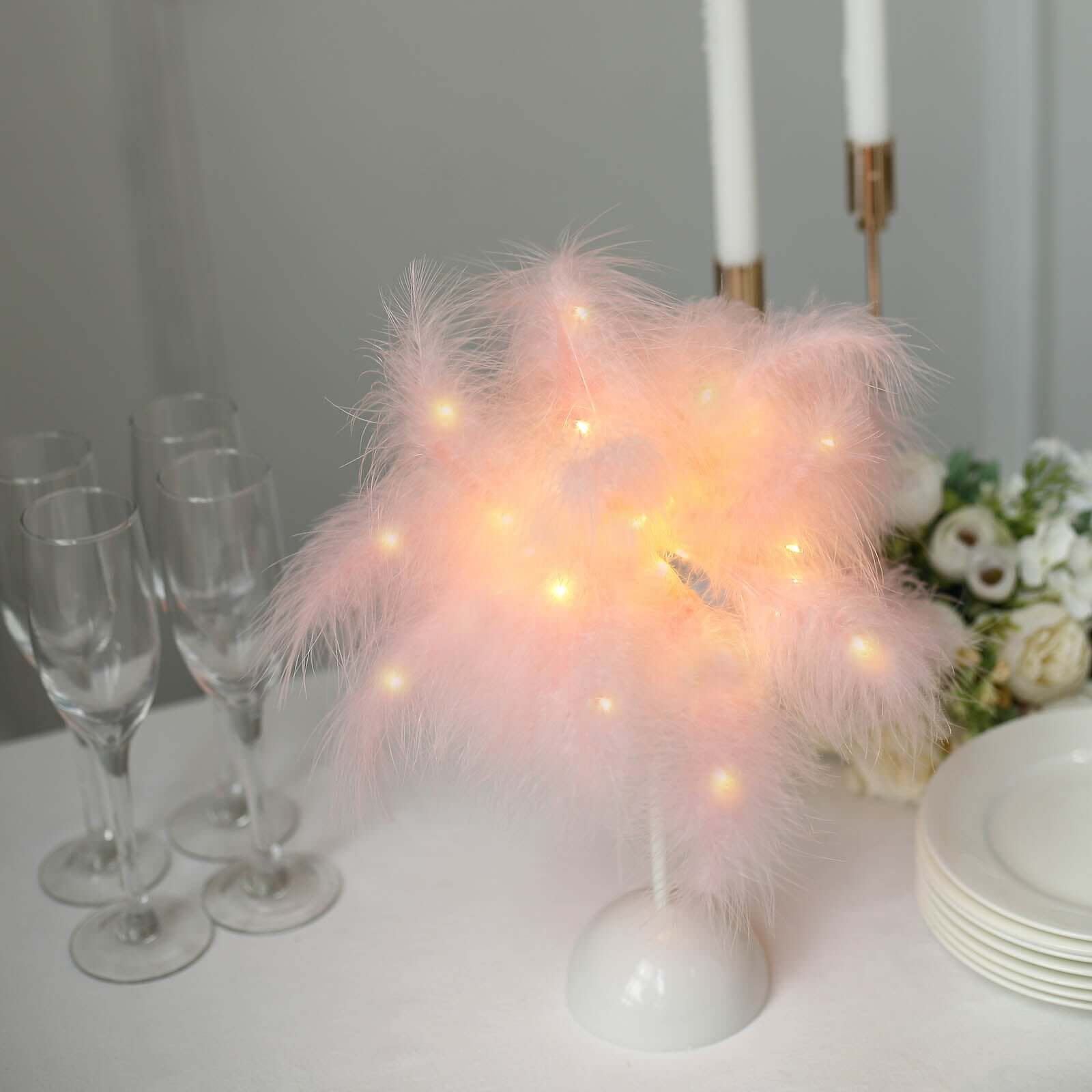 Table Lamp Feather Design Blush LED Battery Operated - Cordless Wedding Centerpiece 15"