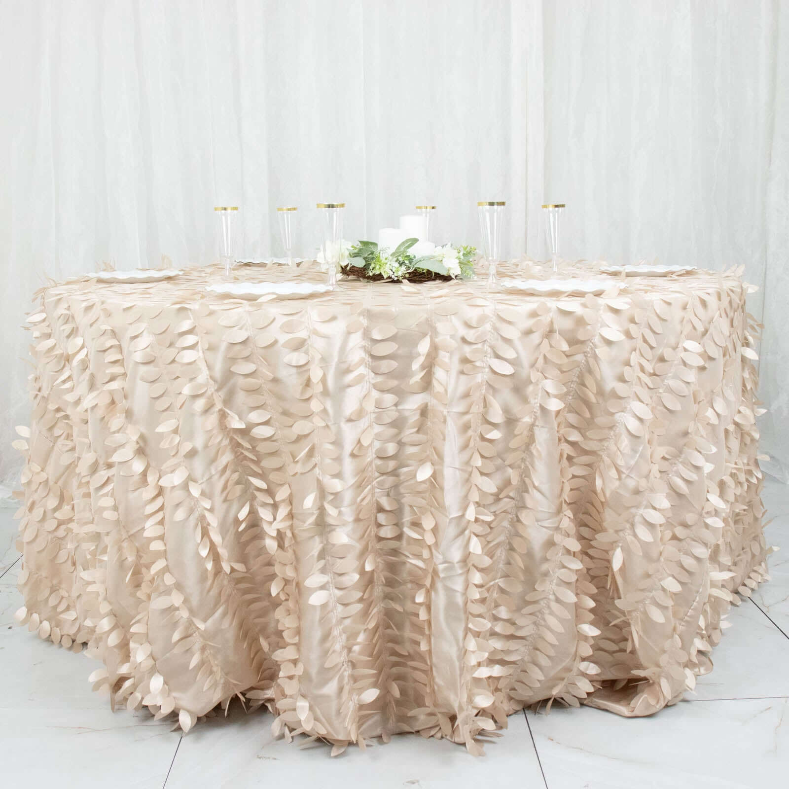 Taffeta 132" Round Tablecloth Beige | 3D Leaf Petal Design Seamless Table Cover