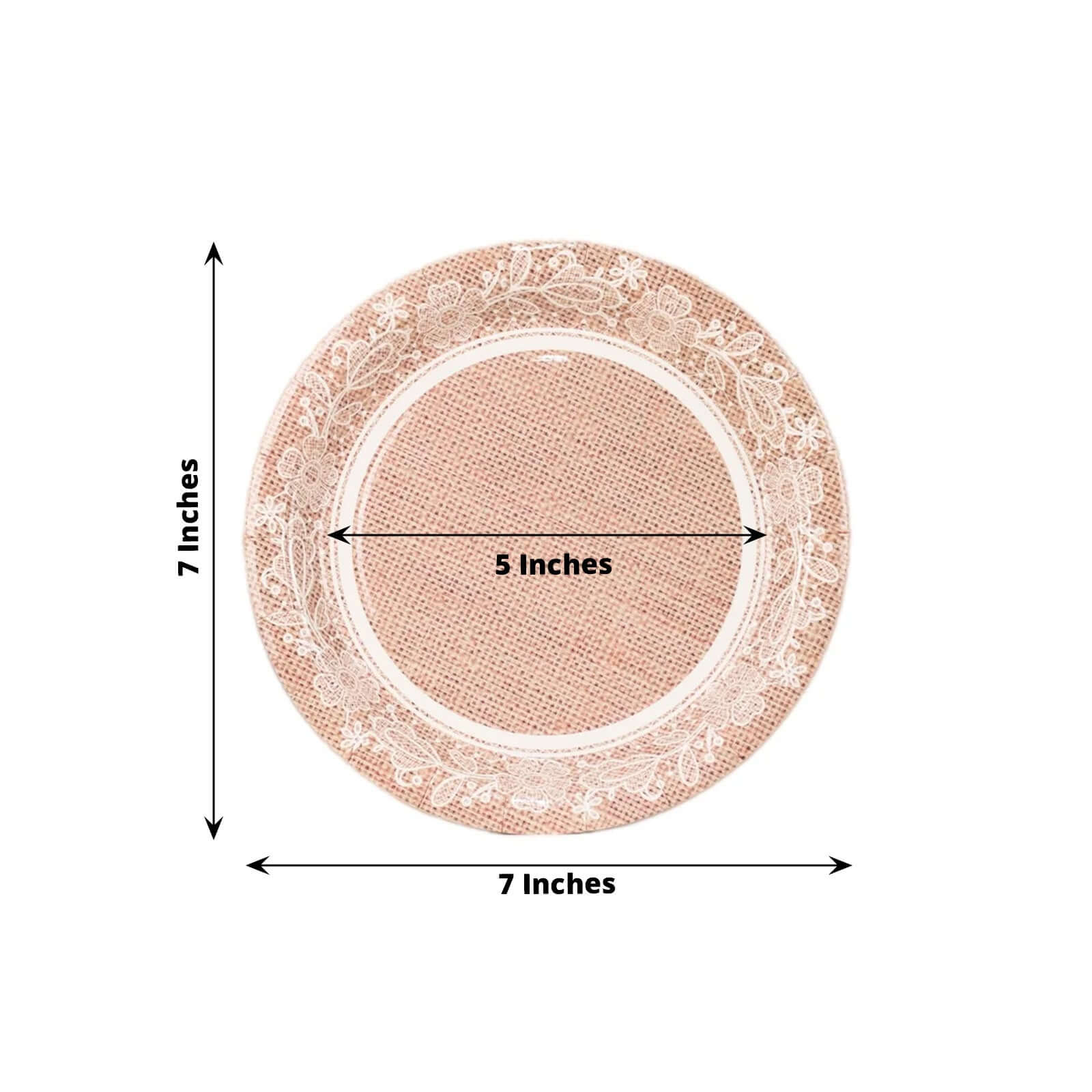 25-Pack Paper 7" Round Dessert Plates in Natural Burlap Print with Floral Lace Rim - Disposable Rustic Appetizer Salad Plates for Farmhouse Weddings & Celebrations