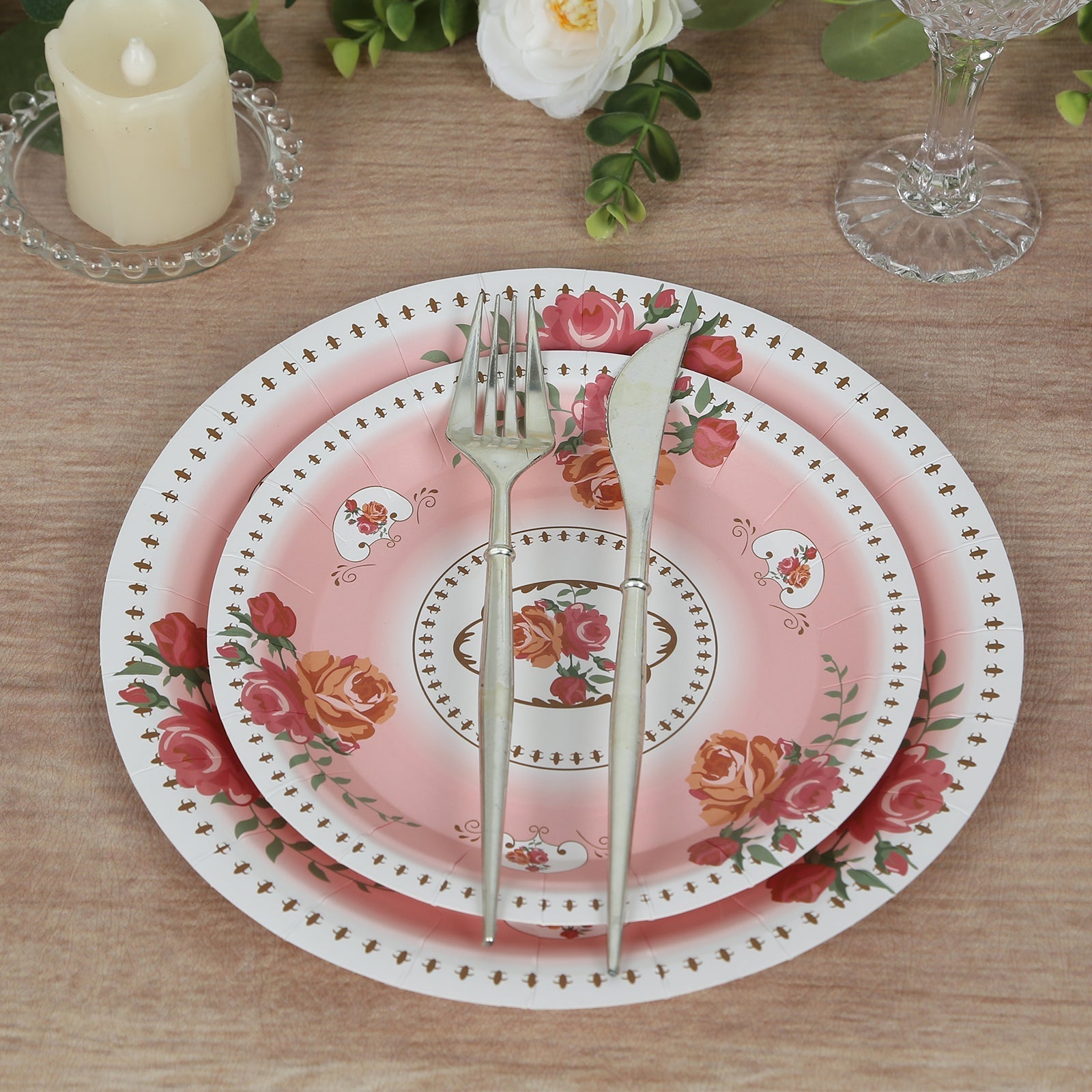 25-Pack Paper 7" Round Dessert Plates in Dusty Rose with Vintage Rose Flower Print - Disposable Appetizer Salad Plates