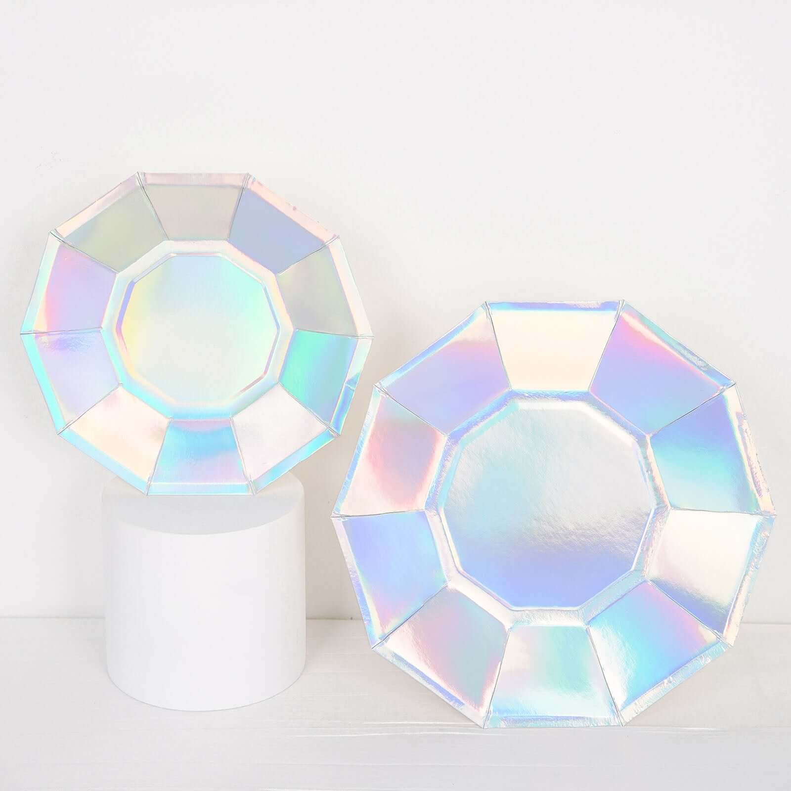 25-Pack Paper 7.5" Decagon Dessert Plates in Iridescent - Disposable Holographic Salad Plates for Starry Night & Fairytale Parties