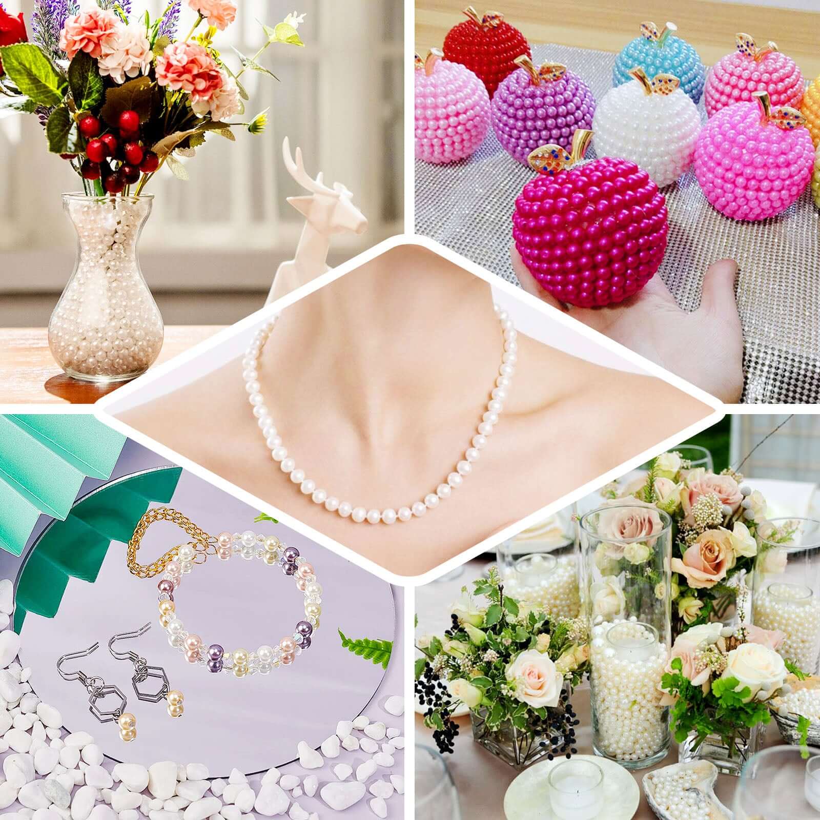 1000-Pack Faux Craft Pearl Beads White - Smooth Beads with Holes for Vase Filler Jewelry Making Bridal Accessories & Event Decor 10mm