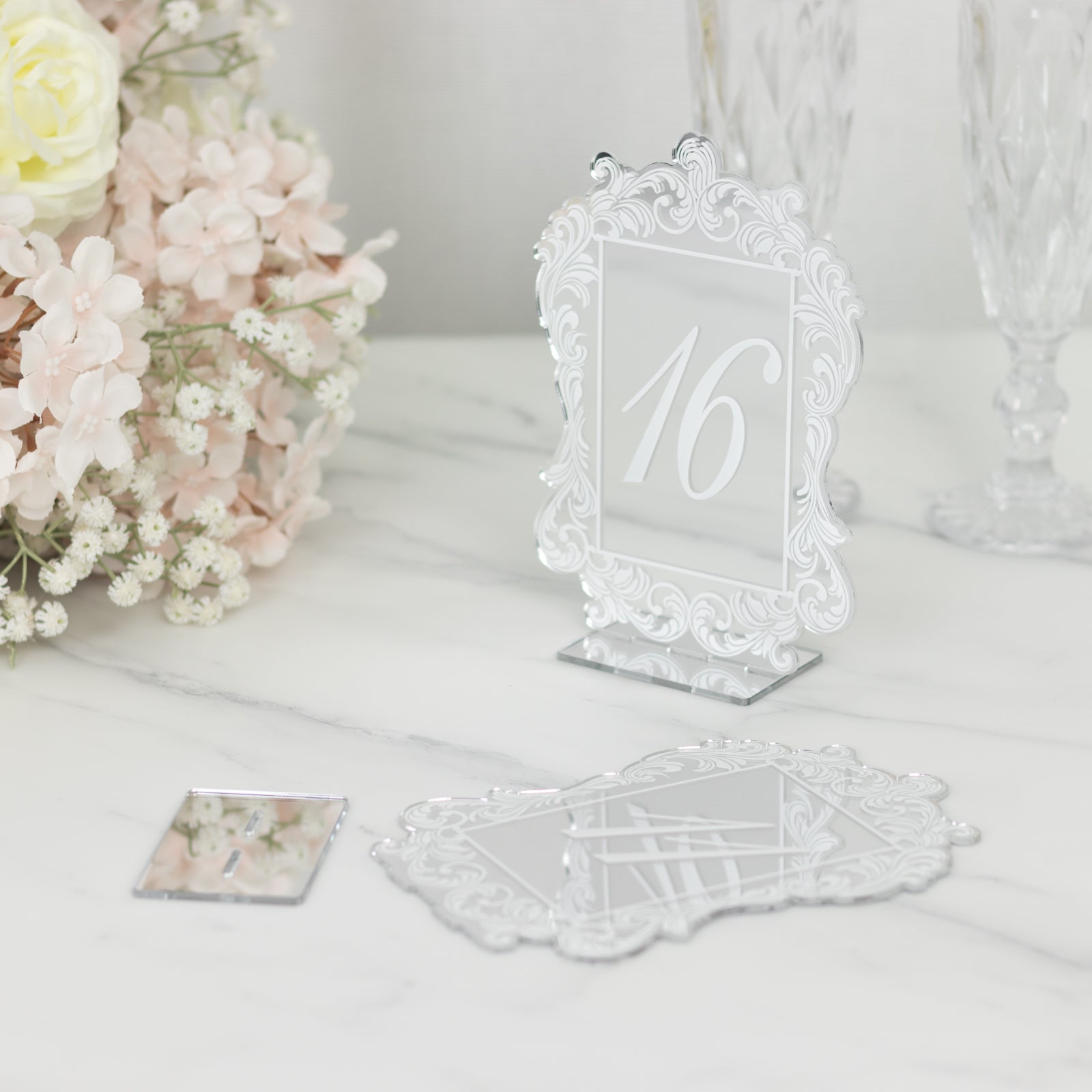 Silver Mirror Arch Acrylic Table Numbers (11-20) - 5"x7" Wedding Reception Signs with Baroque Lace Border, White Print & Stands