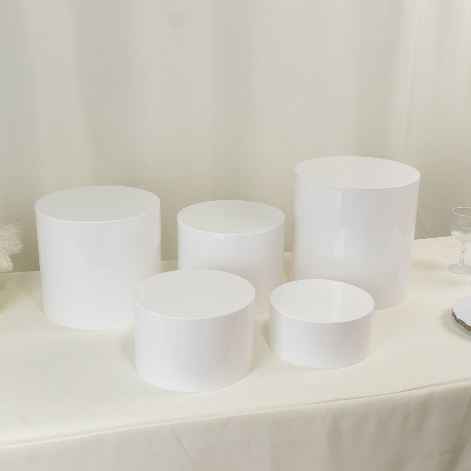 Set of 5 Acrylic Cake Stands Cylinder Design Round White - Display Risers for Events 8.5", 9", 10", 11", 12"