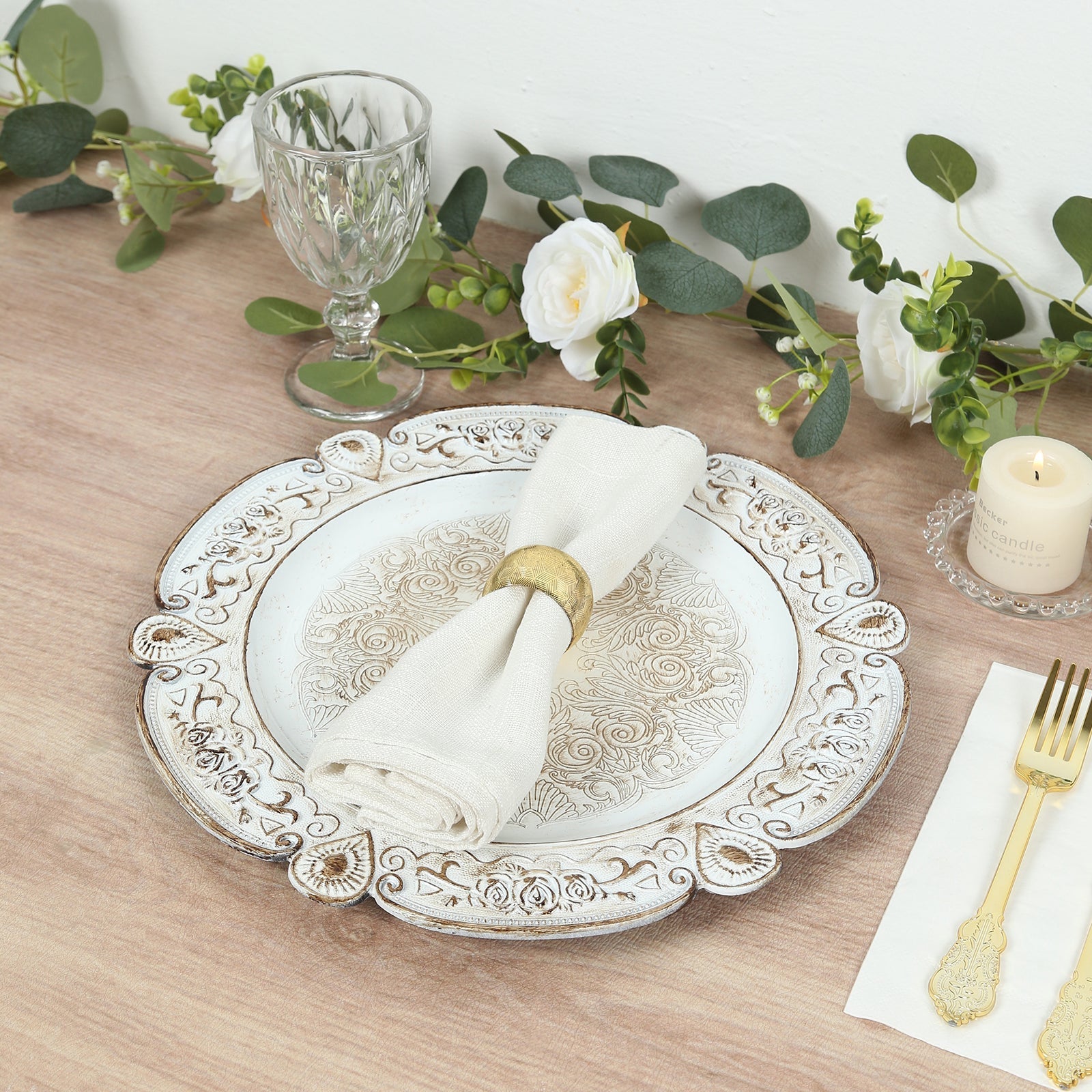 6-Pack Acrylic Round Charger Plates 13" in Antique White Floral Embossed with Scalloped Rim, Plastic Decorative Charger Tableware