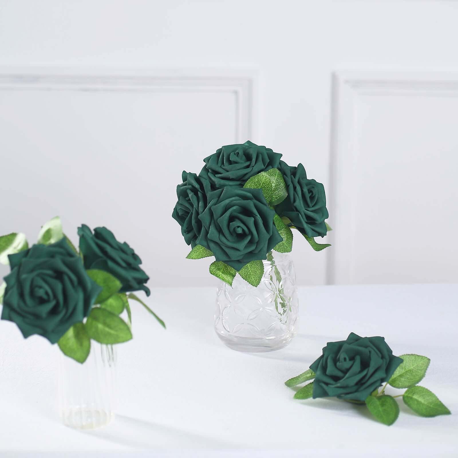 24 Roses 5" Hunter Emerald Green Artificial Foam Flowers With Stem Wire and Leaves