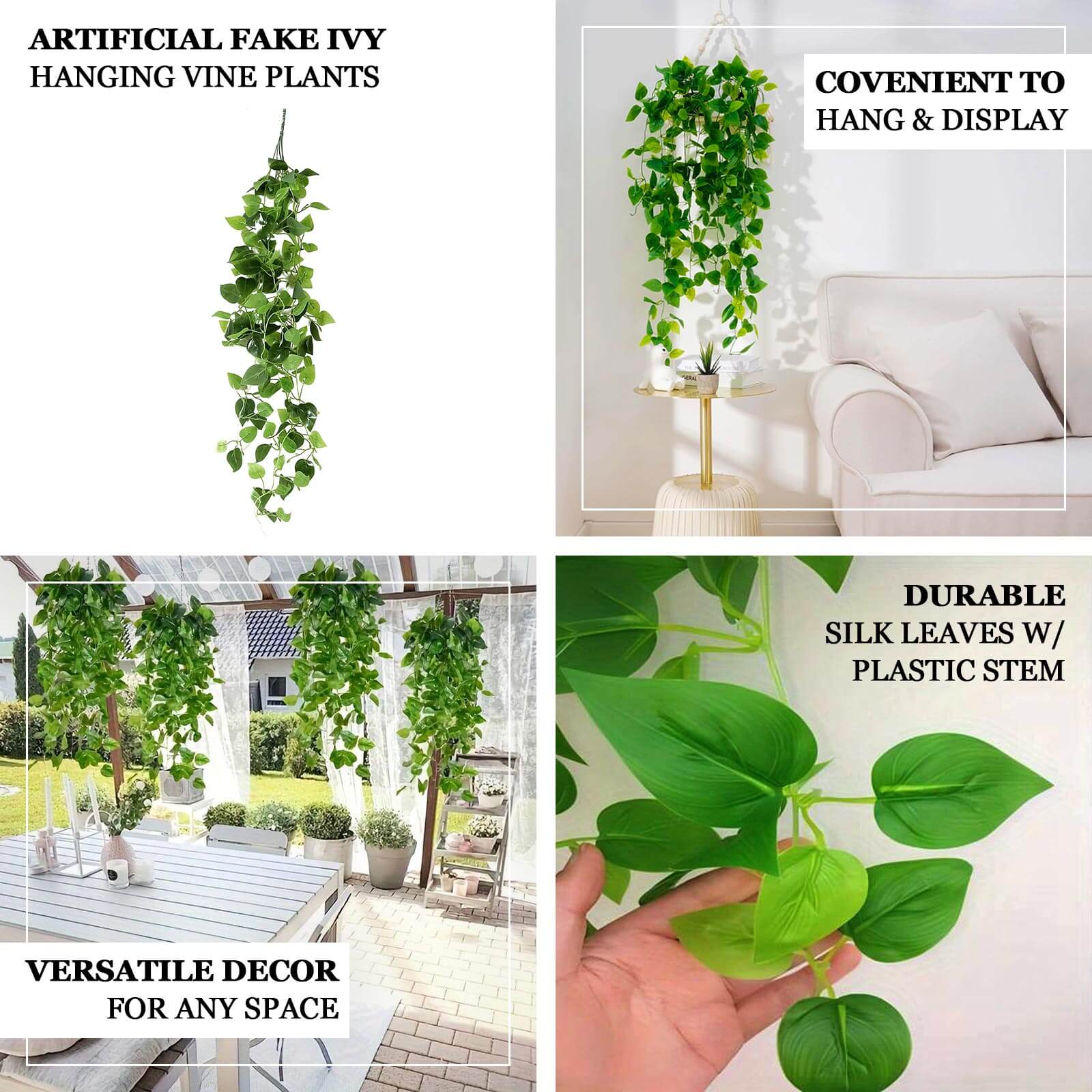 3 Pack Green Pothos Artificial Ivy Vine Hanging Plants, Fake Foliage Silk Leaves Garland - 3ft