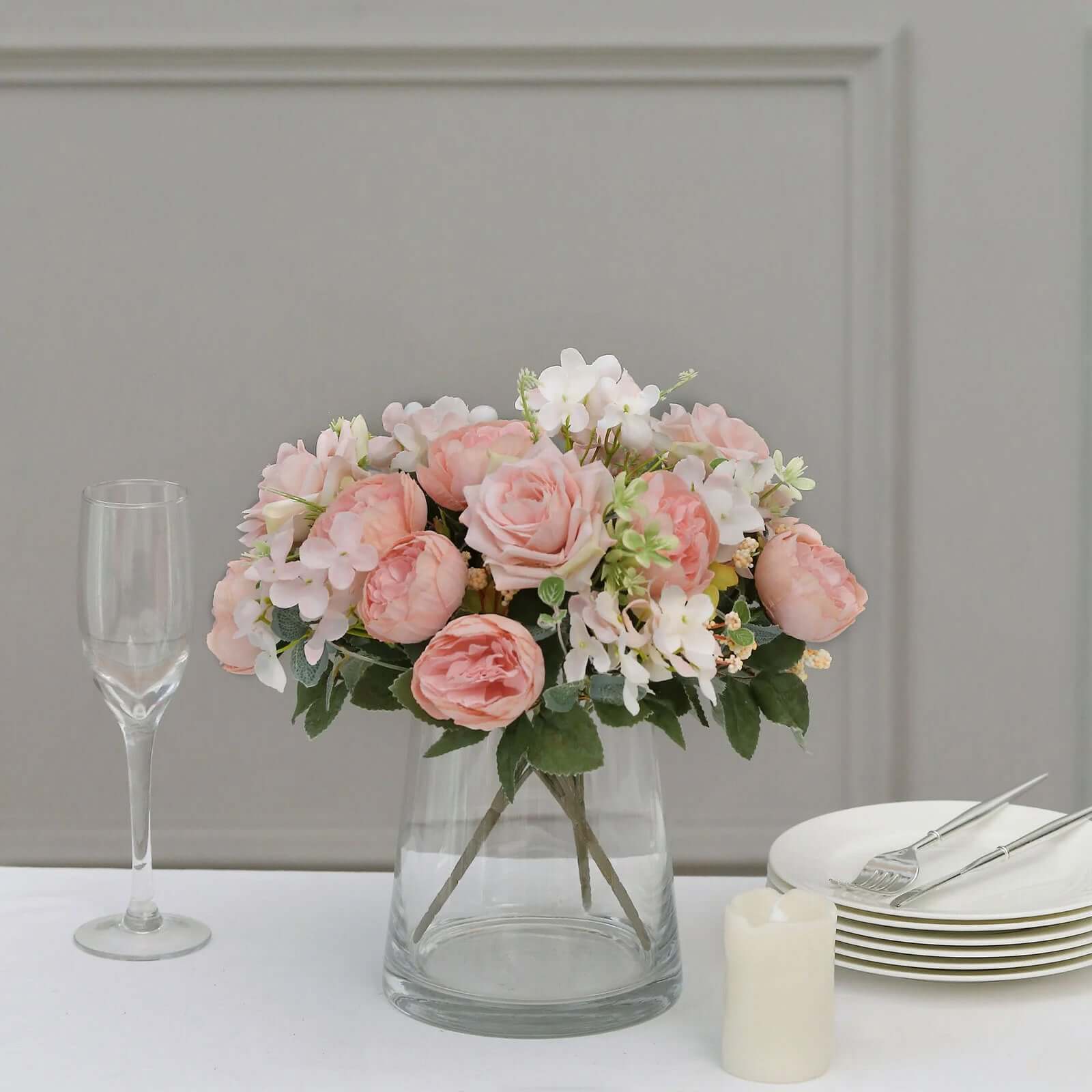 2 Pack Artificial Rose & Peony Floral Arrangements – 12" Blush Silk Bouquets for Weddings & Home Décor