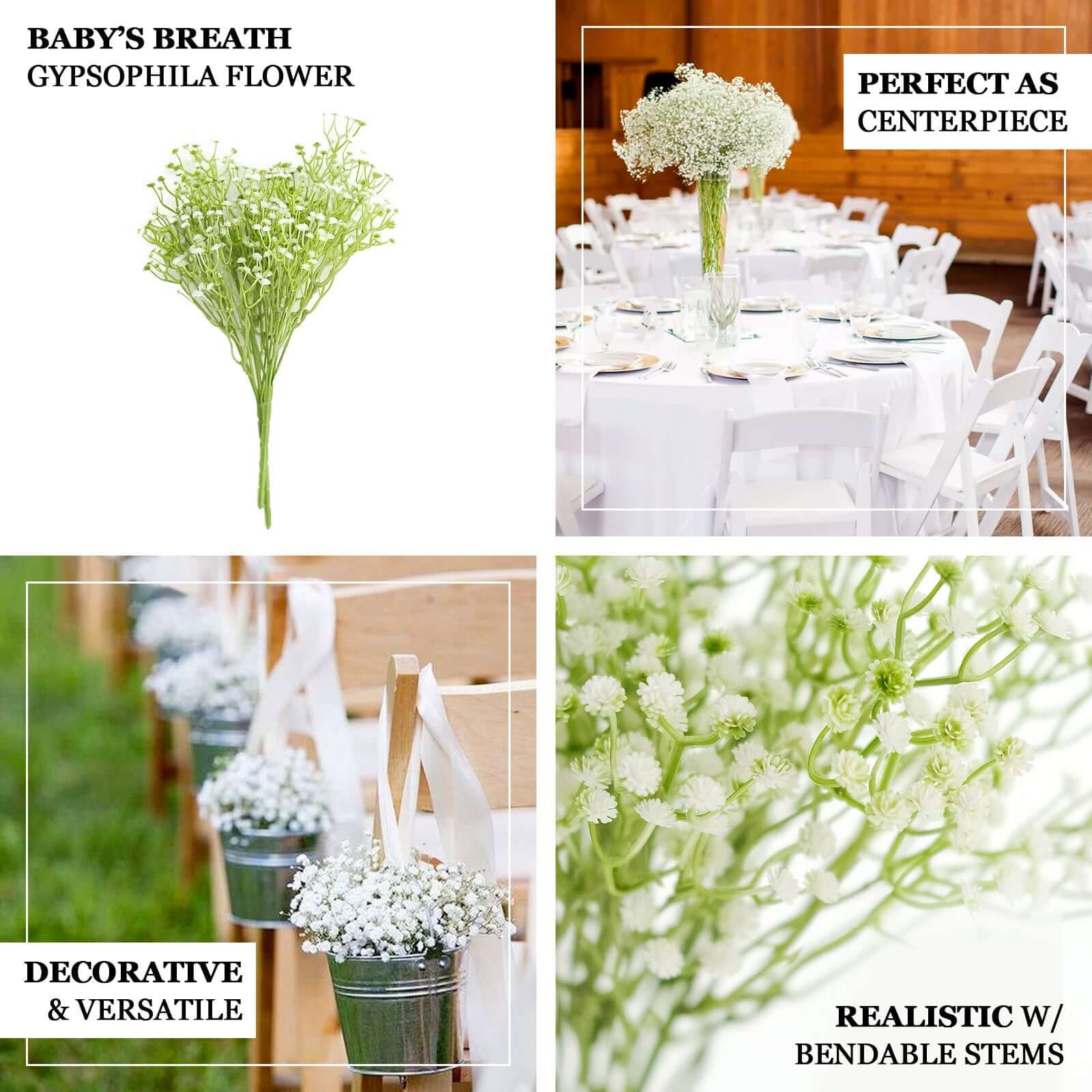 3 Bushes White 14" Artificial Baby's Breath Gypsophila Flower Arrangements, Real Touch Indoor Faux Floral Bouquets