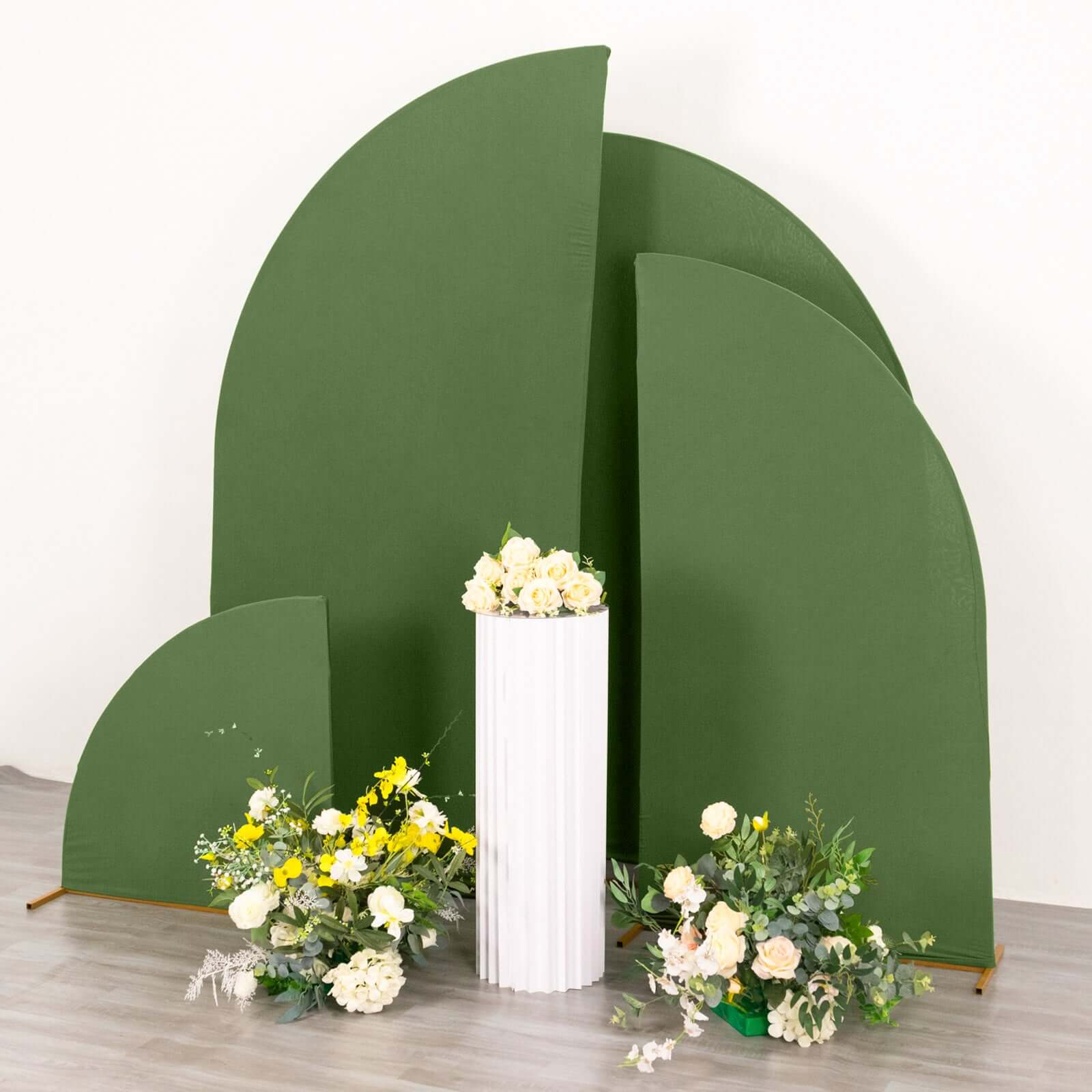 Set of 4 Matte Olive Green Spandex Half Moon Chiara Backdrop Stand Covers, Custom Fitted Wedding Arch Covers - 2.5ft,5ft,6ft,7ft
