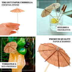 50-Pack Bamboo Cocktail Sticks Tiki Hut Paper Umbrella Design Eco Friendly Natural - Biodegradable Party Picks 6"