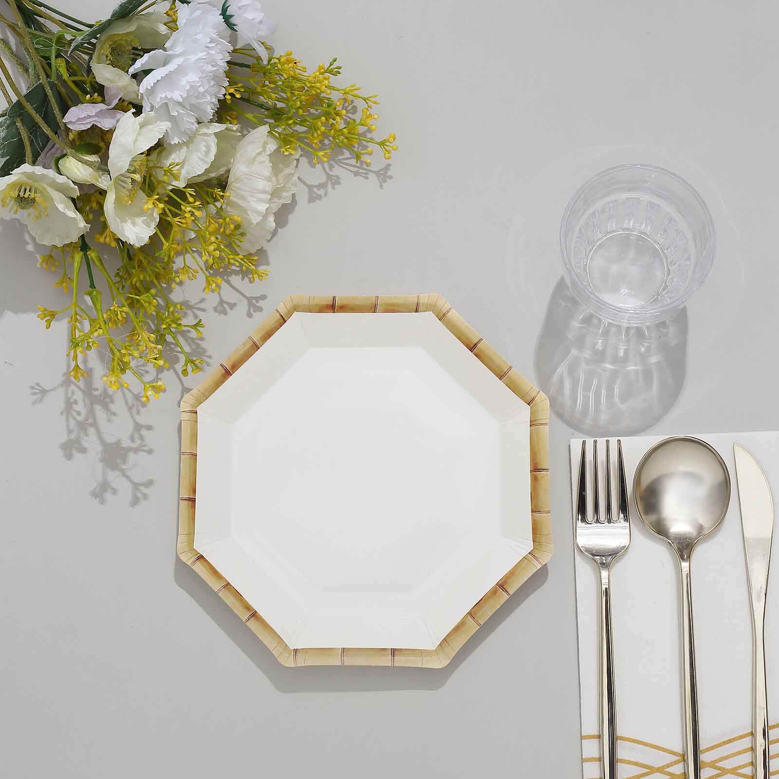 25-Pack Paper Octagonal Dessert Plates 7" White with Bamboo Print Rim - Disposable Geometric Appetizer Salad Plates for Garden Parties & Tropical Themed Events