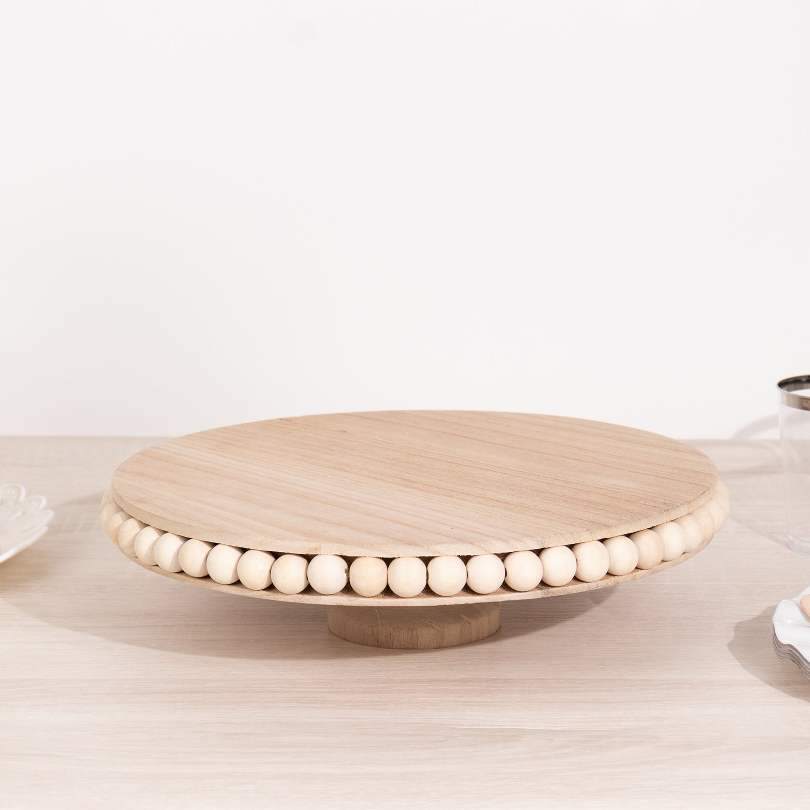 Wooden Pedestal Cake Stand Round Rustic Design with Beaded Edge Natural - Farmhouse Cupcake Holder Serving Tray 12"