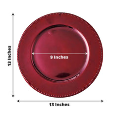 6-Pack Acrylic Round Charger Plates 13" in Burgundy with Beaded Rim, Dinner Charger Event Tabletop Decor