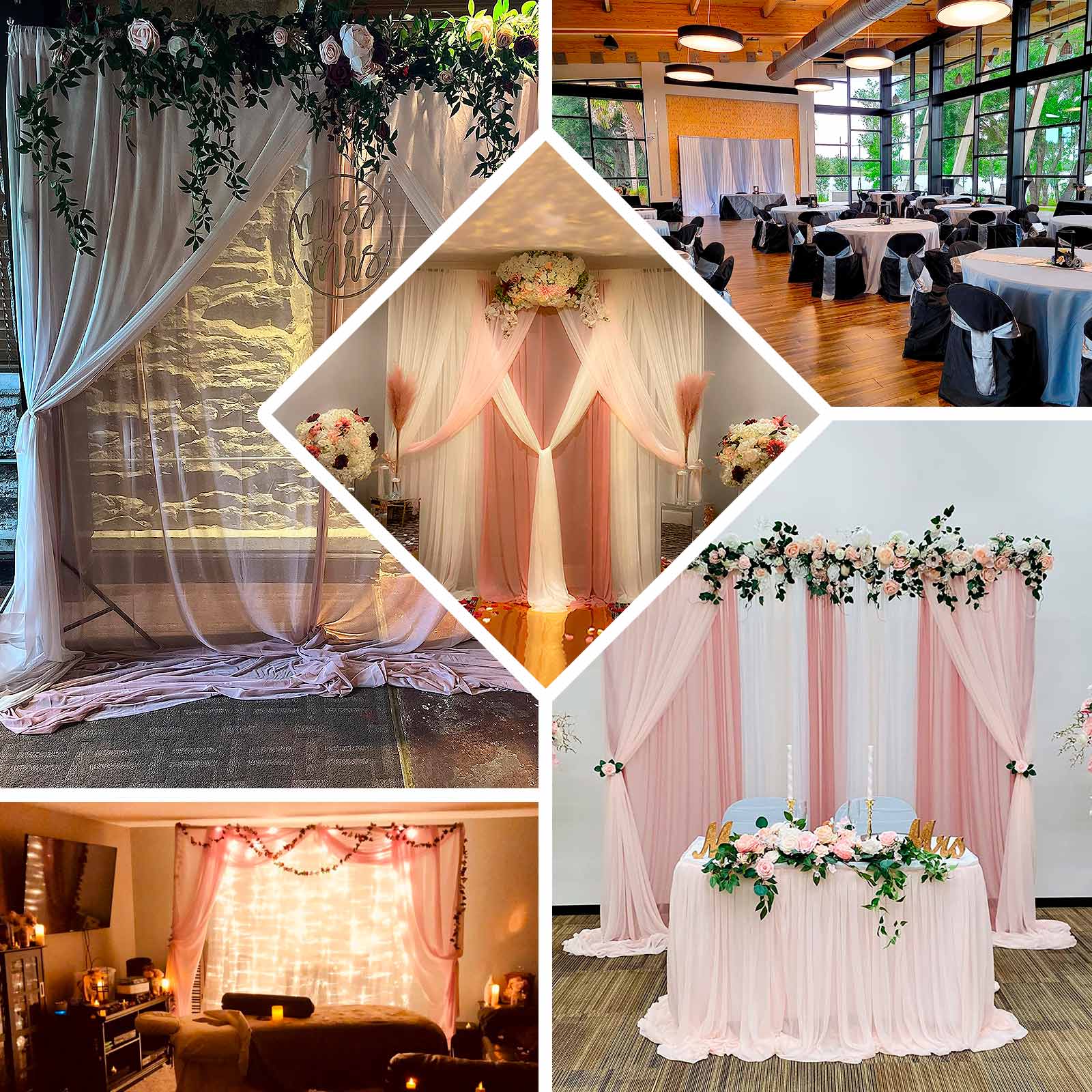 Beige Chiffon Polyester Event Curtain Drapes, Dual Layer Divider Backdrop Curtain Panels with Rod Pockets - 10ftx10ft