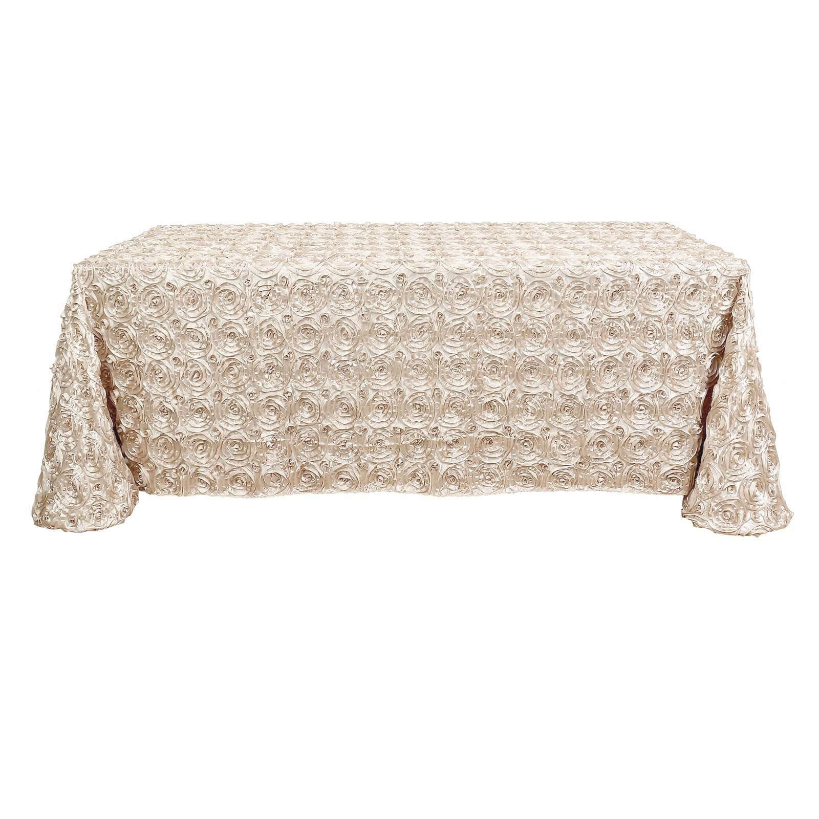 Satin 90"x132" Rectangle Tablecloth Beige - Grandiose 3D Rosette Seamless Table Cover