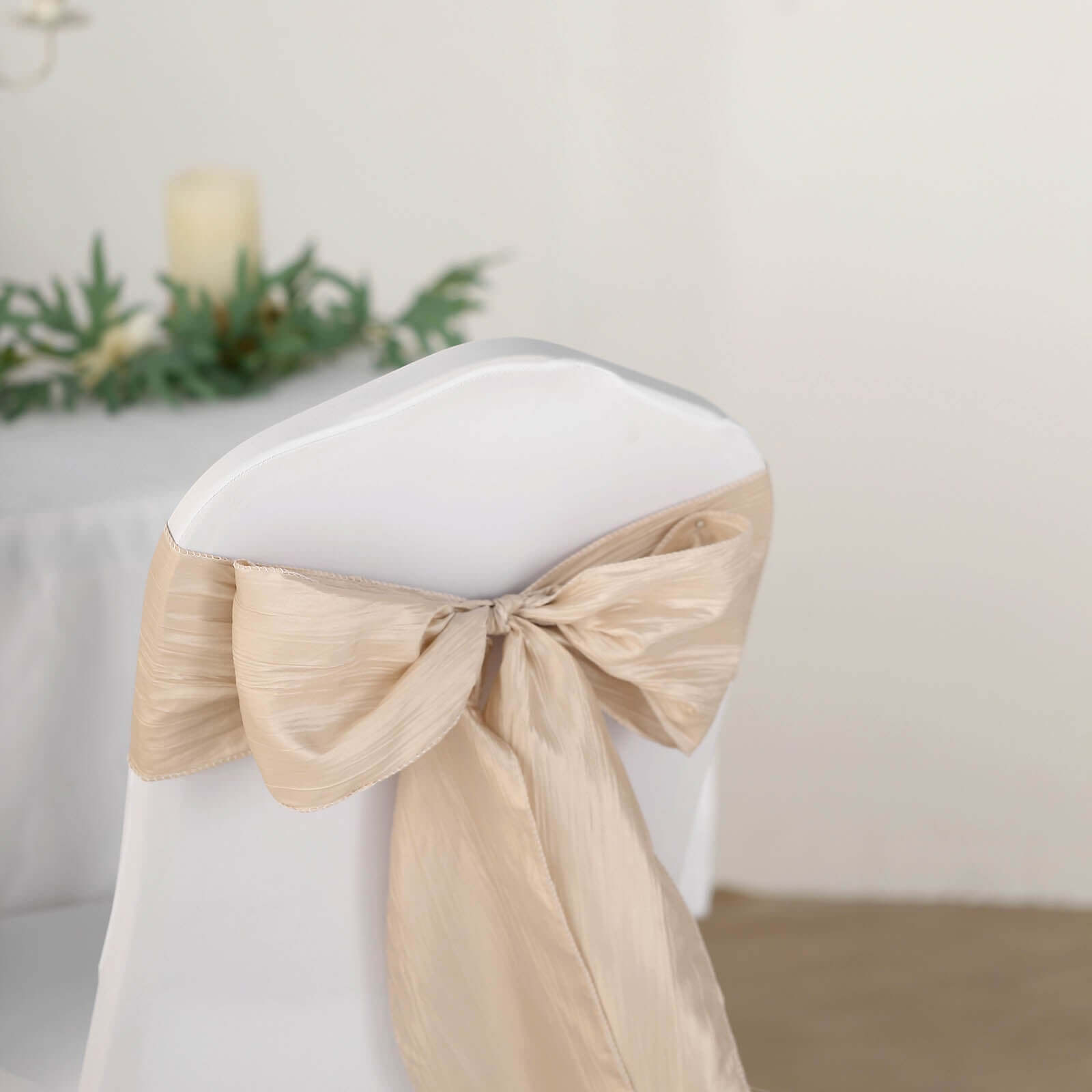 5 Pack Taffeta 6"x106" Chair Sashes Beige Accordion Crinkle Texture - Stylish Decor for Weddings & Gatherings