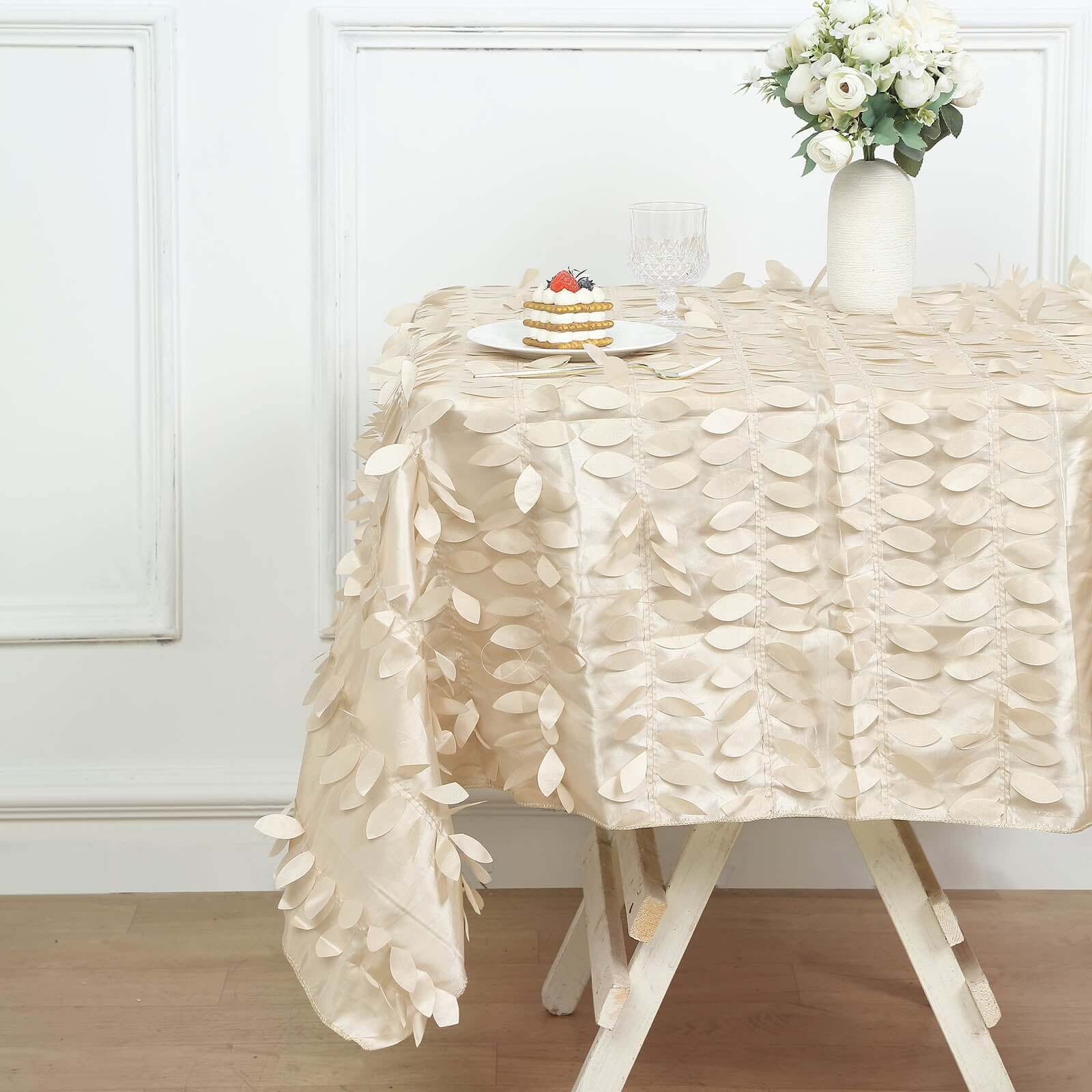 Taffeta 54"x54" Table Overlay Square Tablecloth Beige 3D Leaf Petal Table Cover
