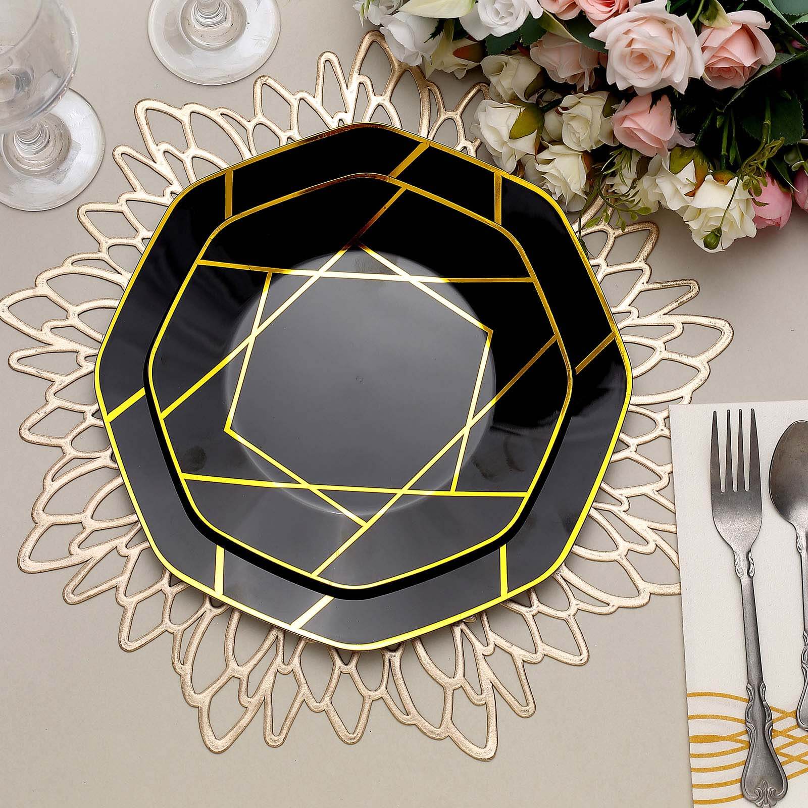10-Pack Plastic 8" Octagon Dessert Plates in Black - Modern Disposable Salad/Appetizer Plates with Gold Geometric Design for Special Occasions & Celebrations