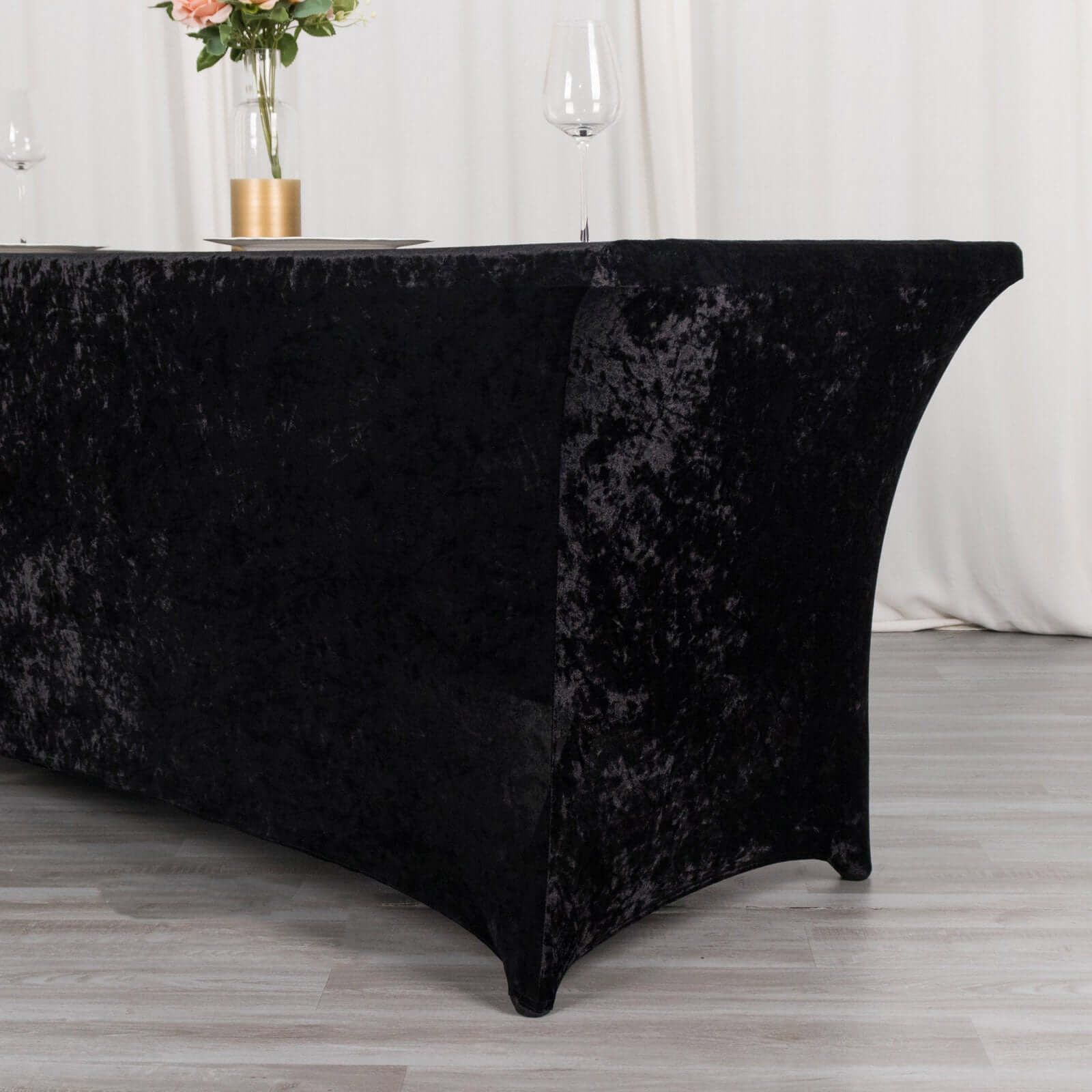 Crushed Velvet Fitted Rectangular 6ft Table Cover Black - Wrinkle-Free Stretchy Tablecloth