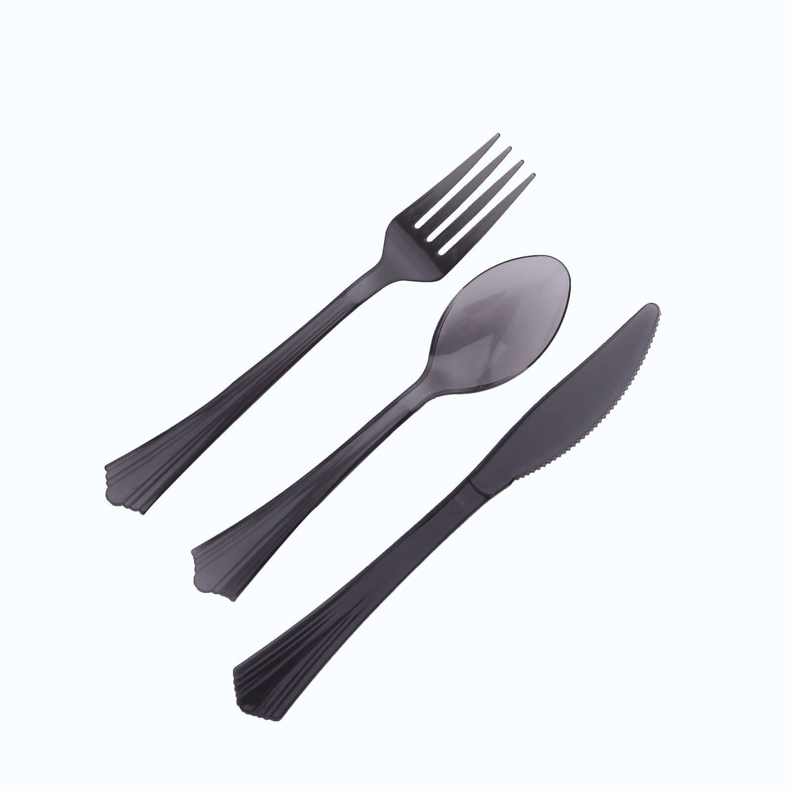 24-Pack Plastic Silverware Set with Fan Flared Tip Handle Transparent Black - Heavy Duty Disposable Utensils 7"