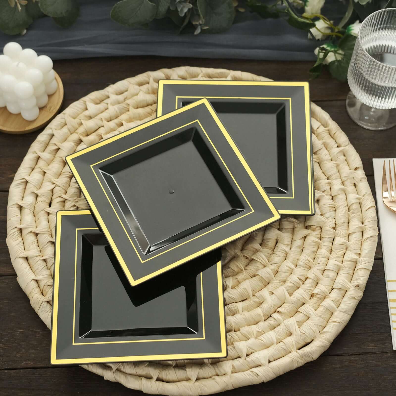 10-Pack Plastic Salad Dessert Plates Black Square with Gold Trim - Durable Disposable Appetizer Plates 7"