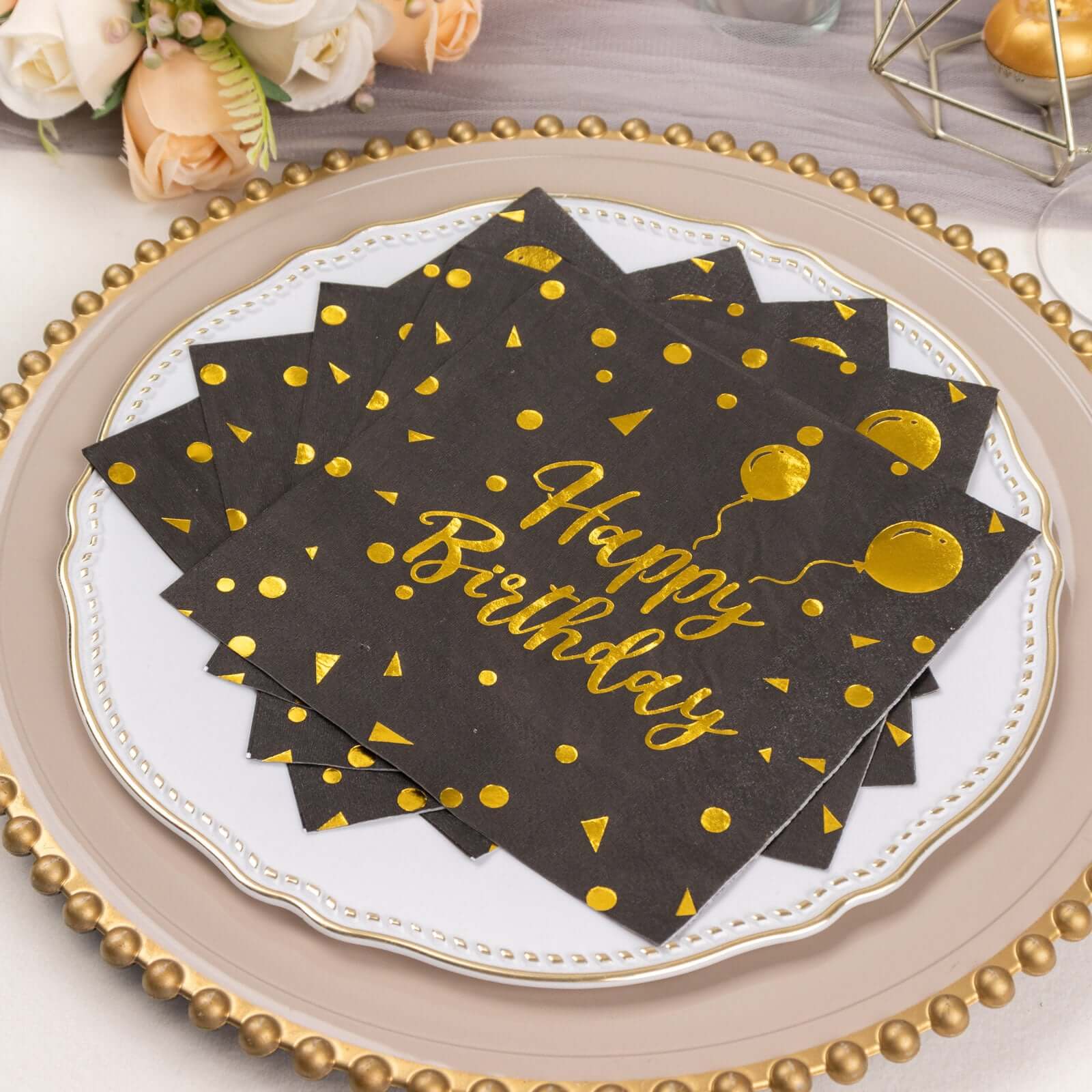 20-Pack Paper Beverage Napkins with Happy Birthday Foil Print Black/Gold - 2 Ply Disposable 18GSM Soft Party Napkins 6.5"x6.5"