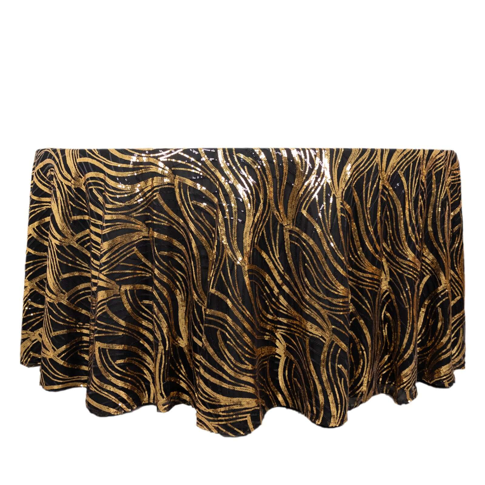 Sequin Mesh 120" Round Tablecloth Black/Gold - Seamless Wave Embroidered Table Cover