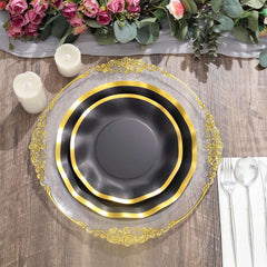 25-Pack Paper Round Dinner Plates 10" Matte Black with Gold Wavy Rim - Disposable 350GSM Party Plates